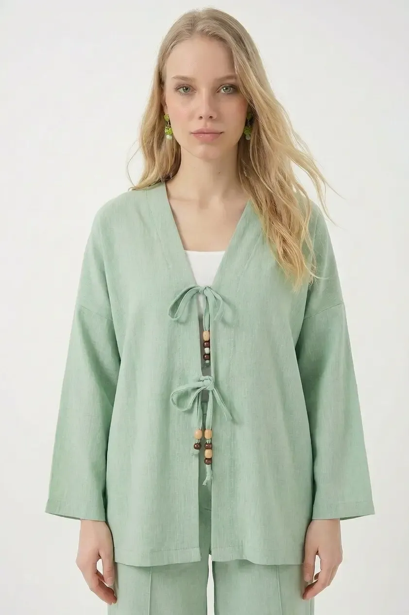 Kadın Çağla Yeşili Keten Bağlama Detaylı Kimono Pantolon İkili Takım HZL26S-BD167271