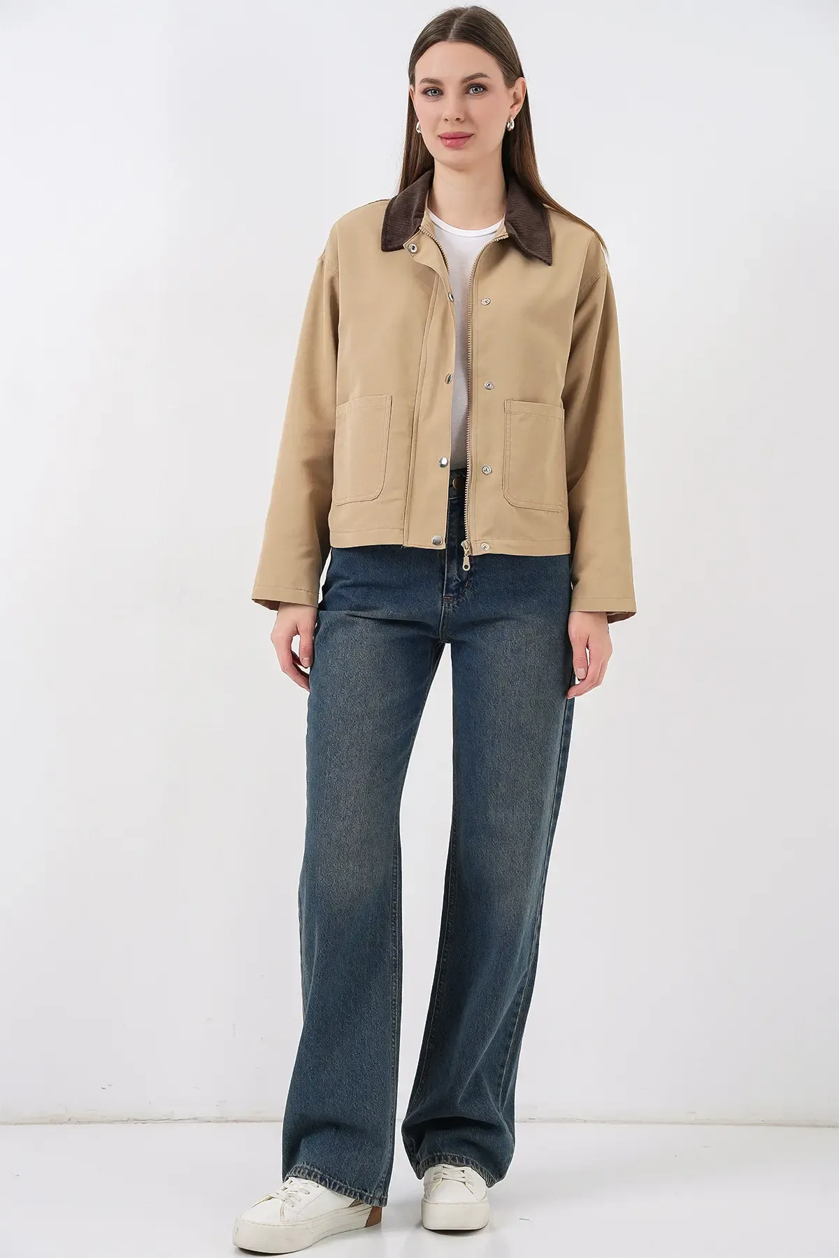 Kadın Cep Detaylı Kısa Ceket 5975 - Bisküvi