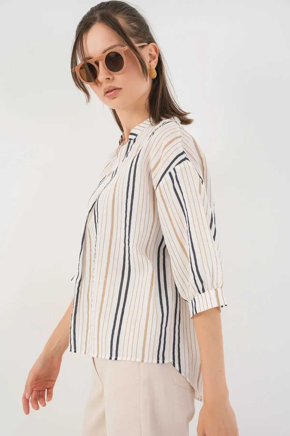 Kadın Çizgili Oversize Bluz 967 - Bej