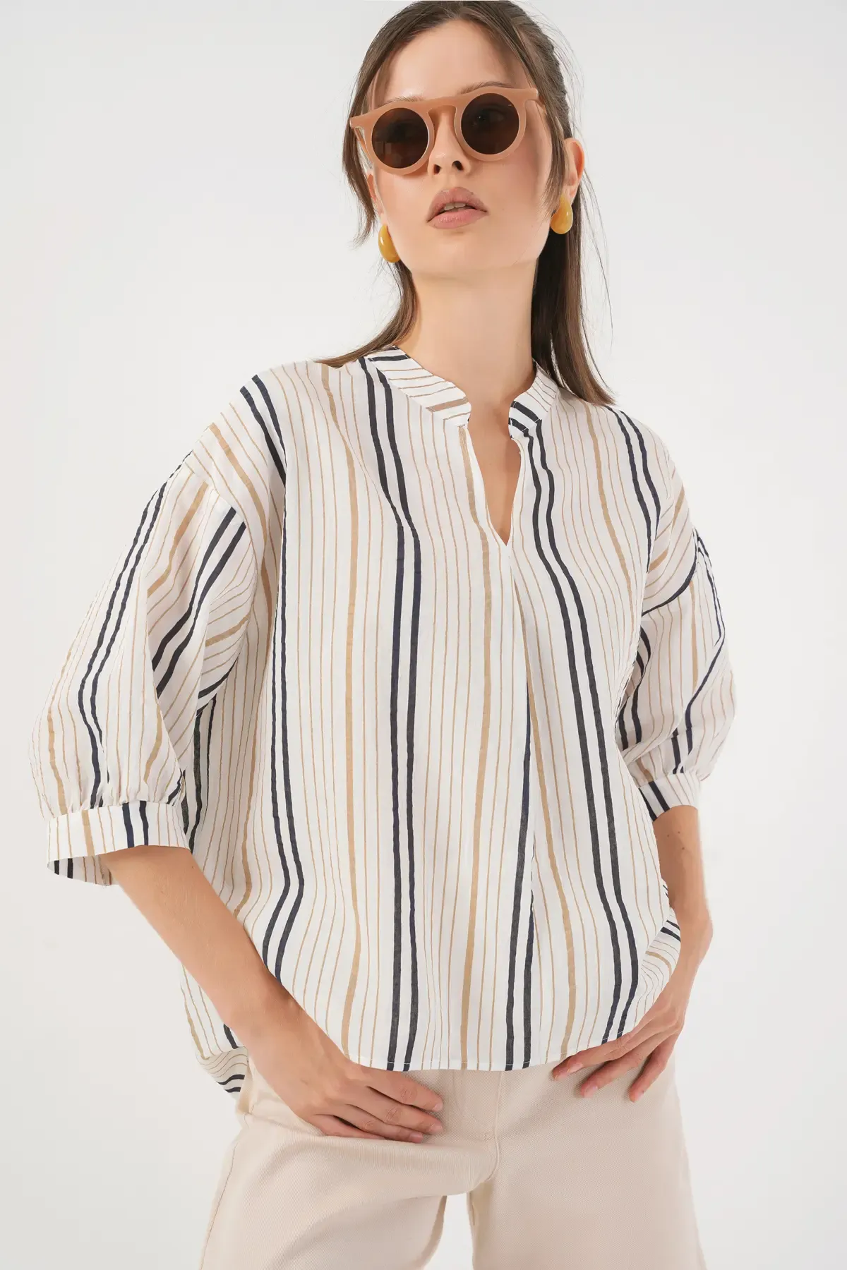Kadın Çizgili Oversize Bluz 967 - Bej