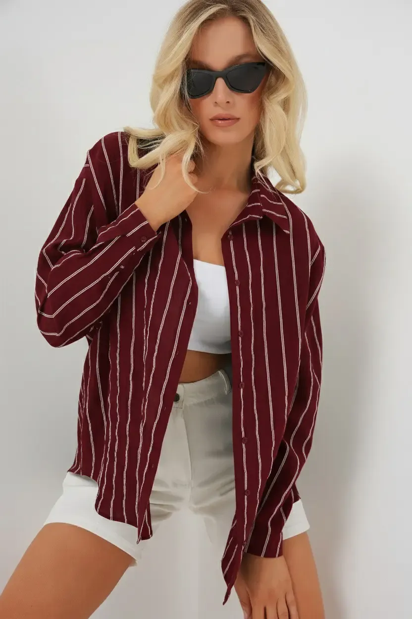 Kadın Çizgili Oversize Gömlek 20293 - Bordo