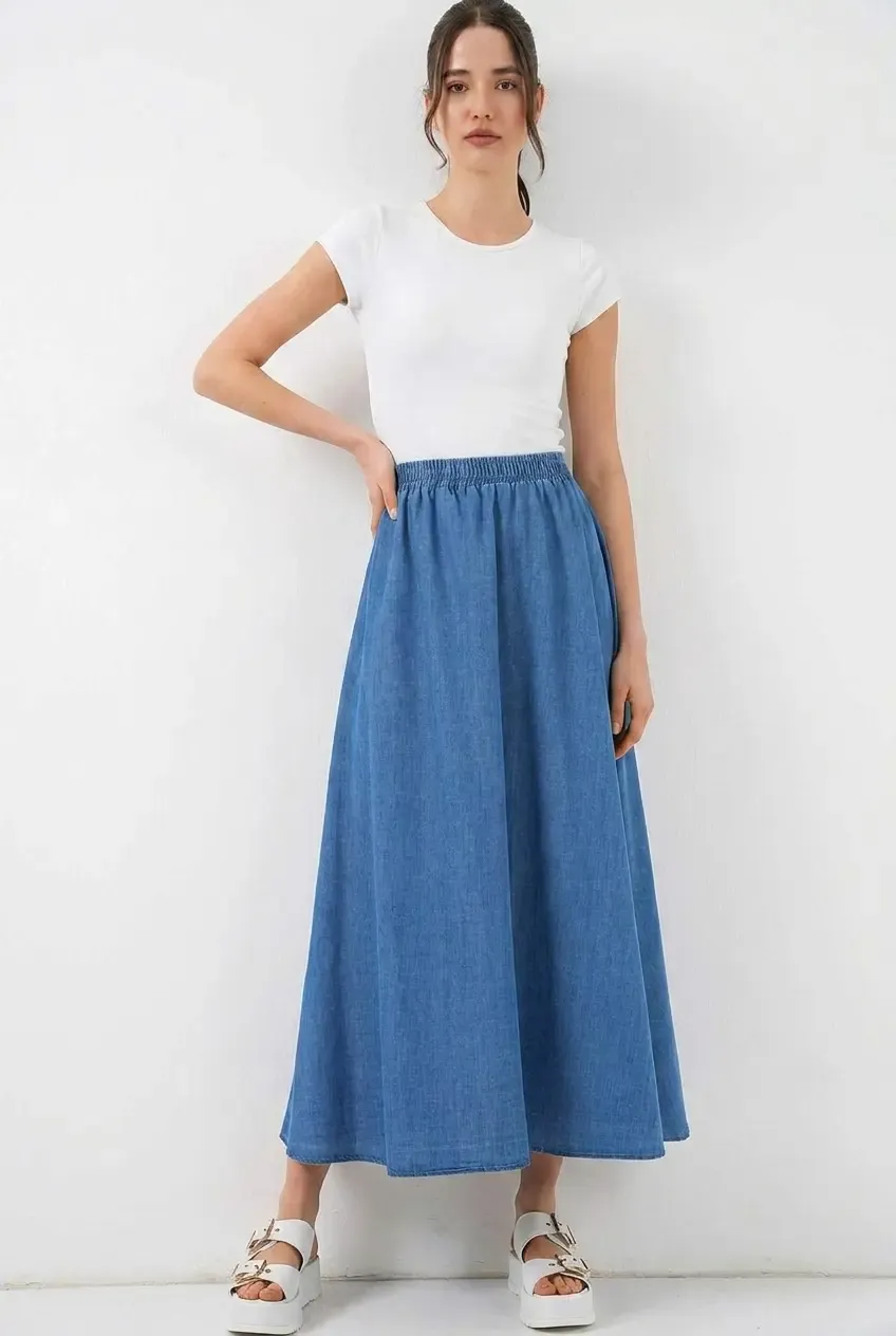 Kadın Denim Beli Lastikli Uzun Kot Etek HZL26W-BD180621