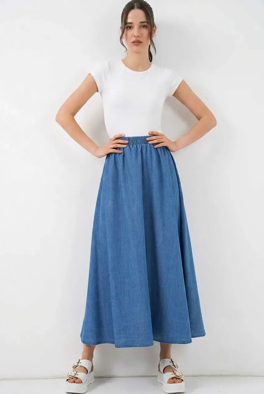 Kadın Denim Beli Lastikli Uzun Kot Etek HZL26W-BD180621