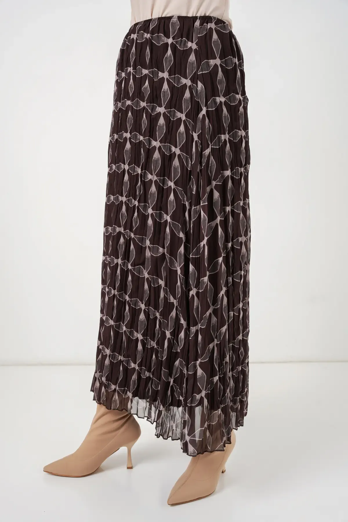 Kadın Desenli Astarlı Şifon Etek 8058 - Kahverengi