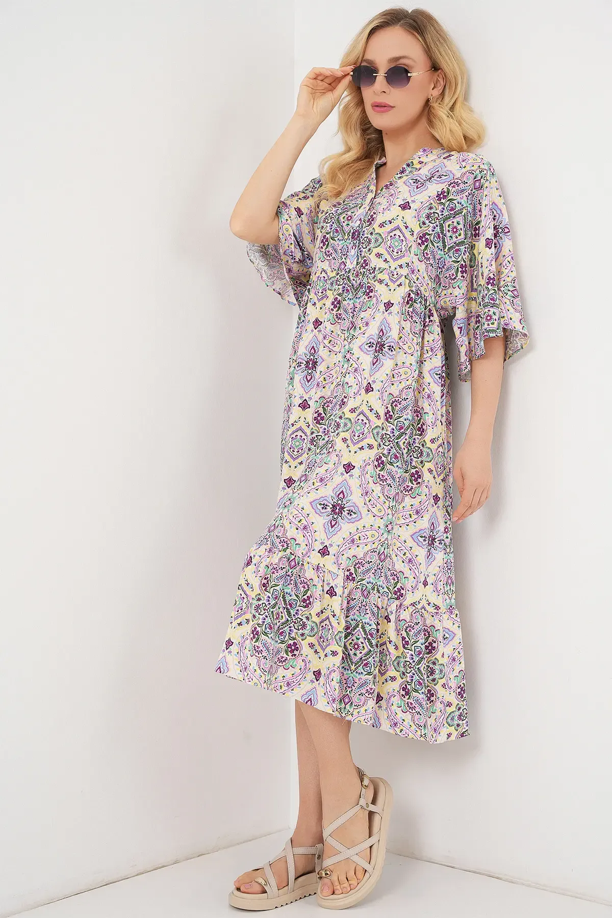 Kadın Desenli Kısa Kol Elbise 2562 - Bordo