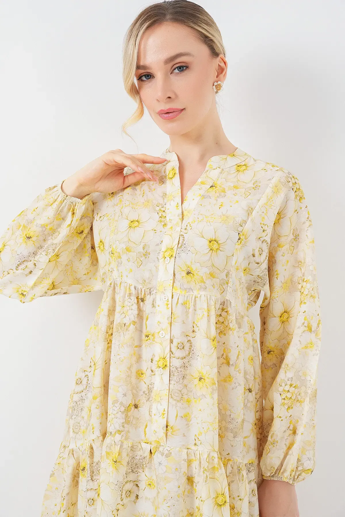 Kadın Desenli Tesettür Elbise 2583 - Sarı