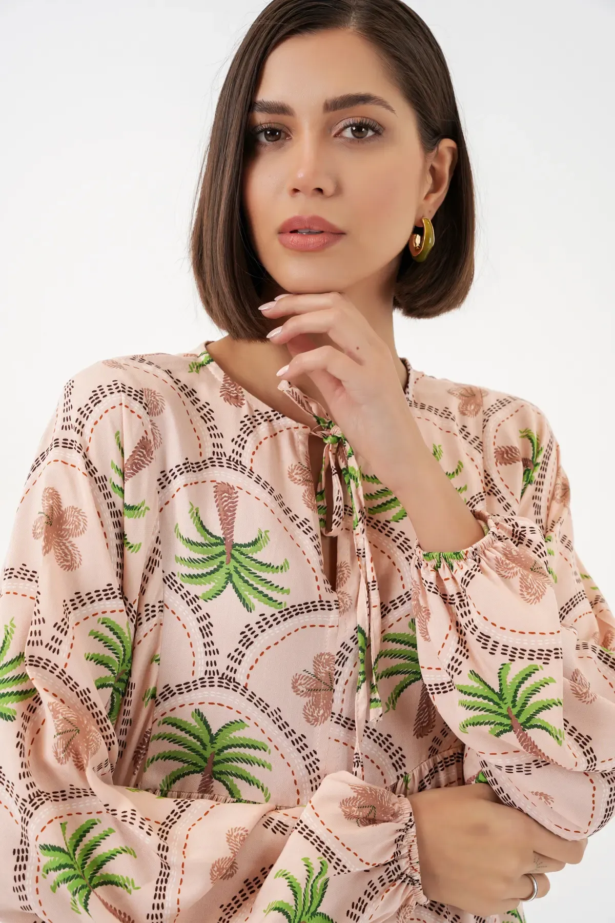 Kadın Desenli Tesettür Elbise 2594 - Pudra