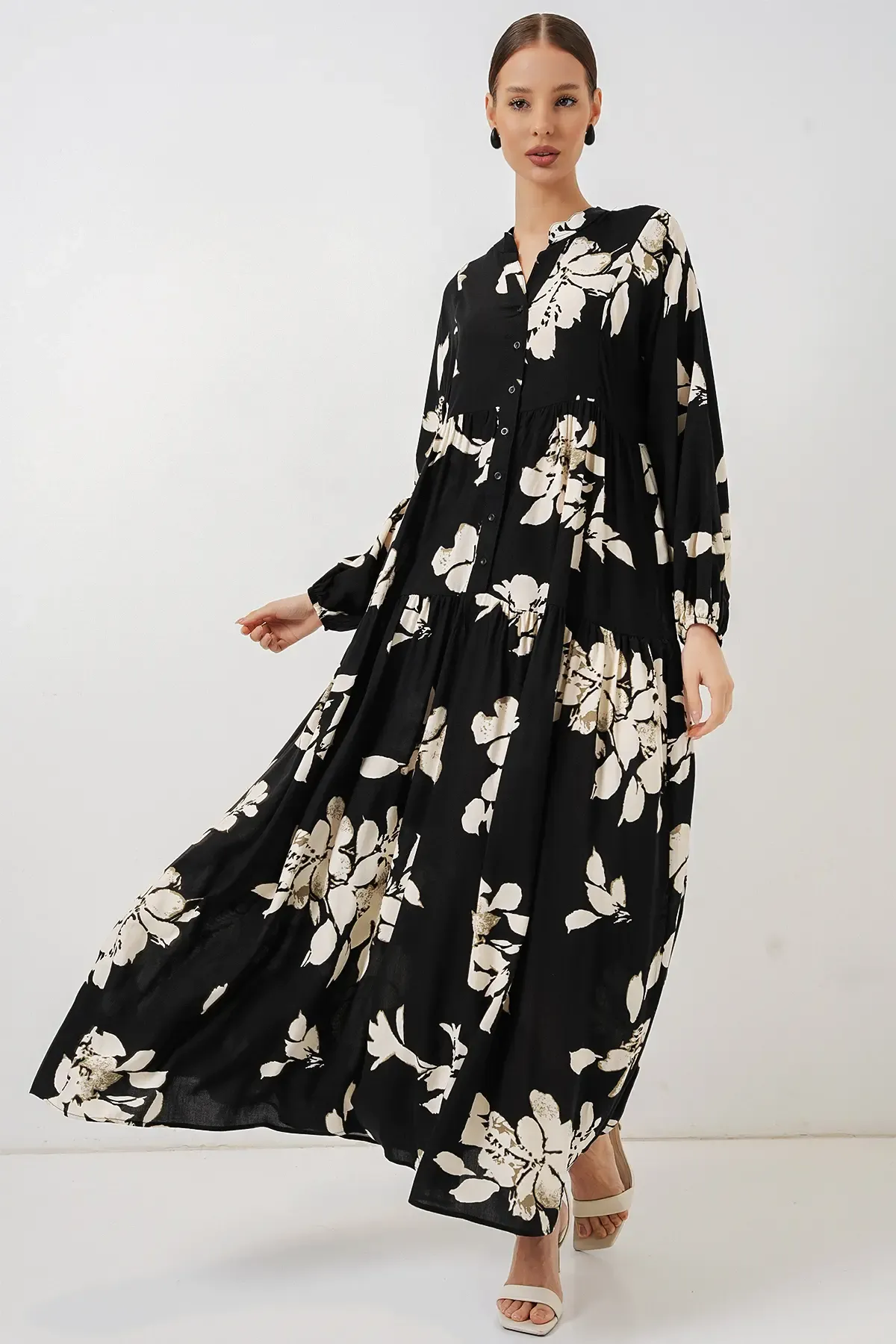 Kadın Desenli Uzun Tesettür Elbise 2585 - Düz Siyah