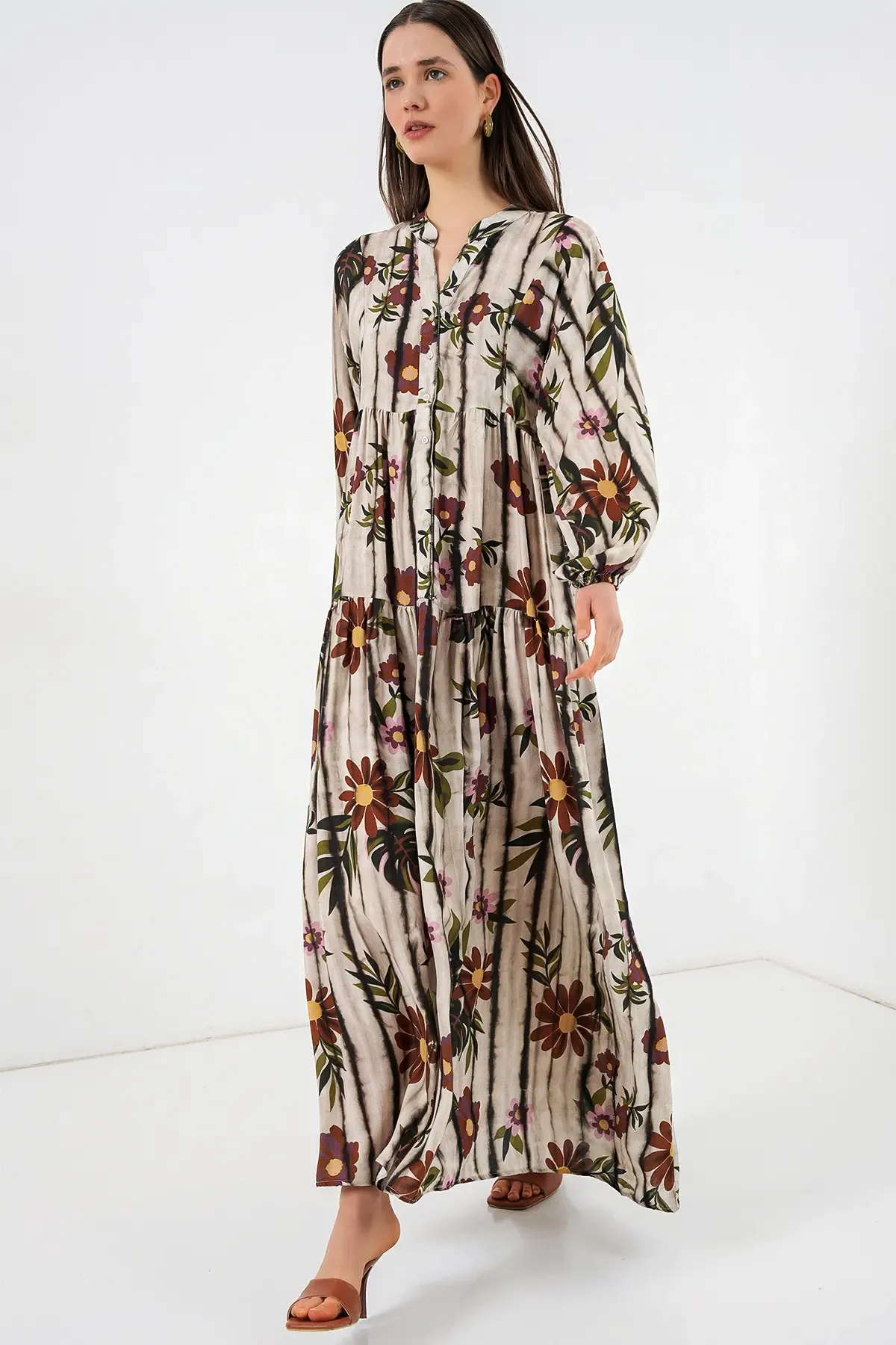 Kadın Desenli Uzun Tesettür Elbise 2585 - Kahve Bej