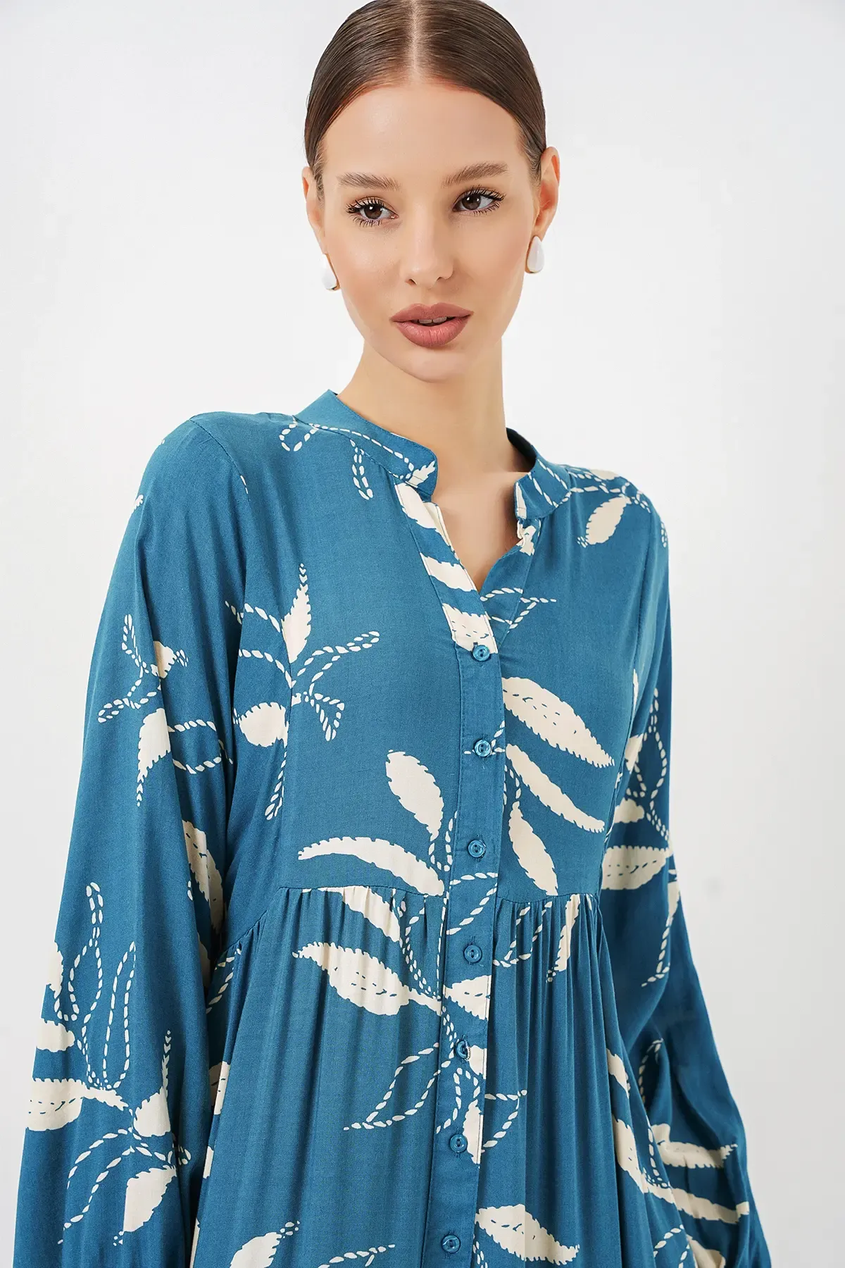 Kadın Desenli Uzun Tesettür Elbise 2585 - Petrol