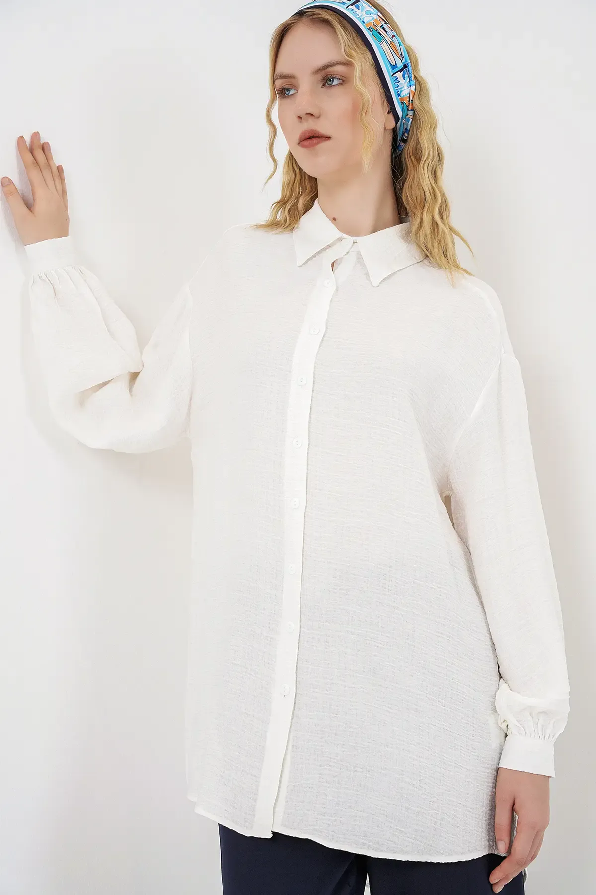 Kadın Dokulu Oversize Tunik 5989 - Beyaz