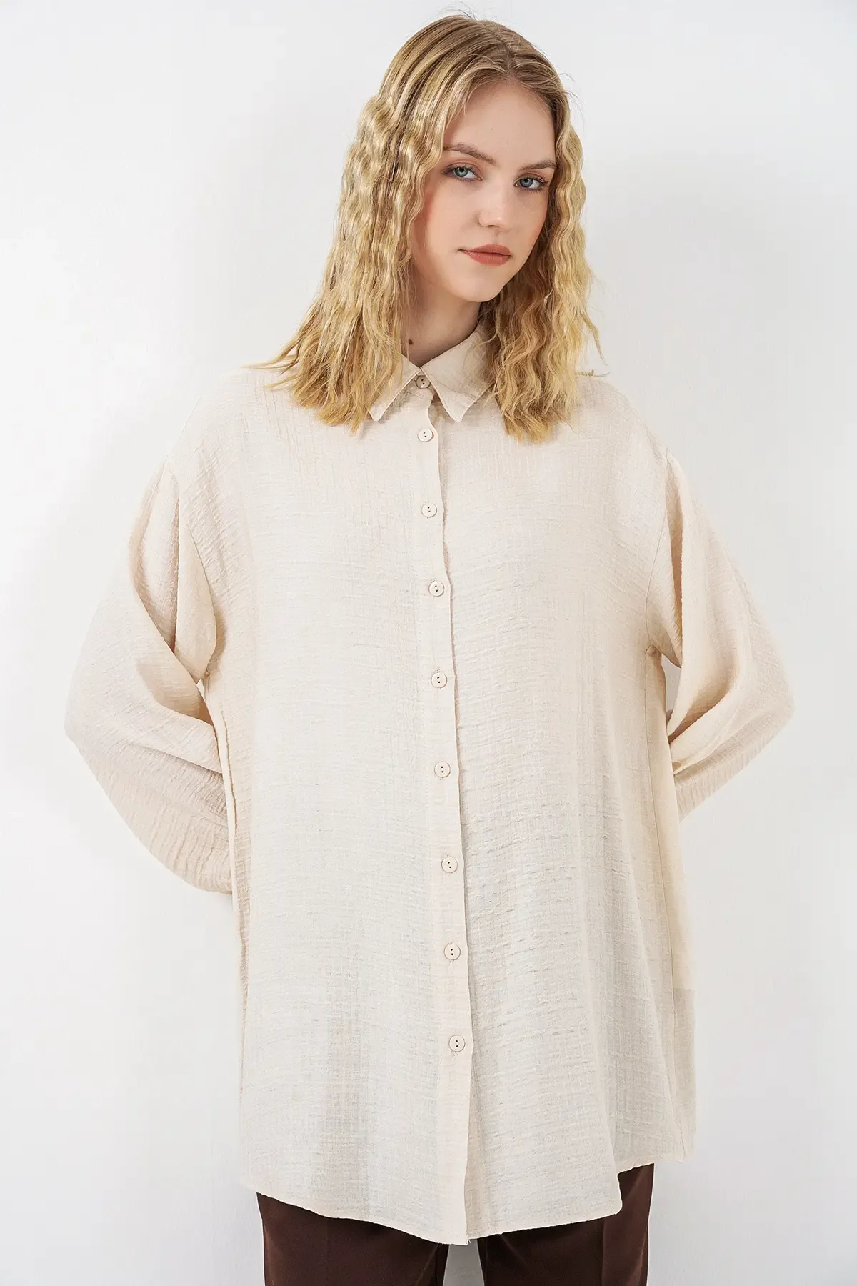 Kadın Dokulu Oversize Tunik 5989 - Krem