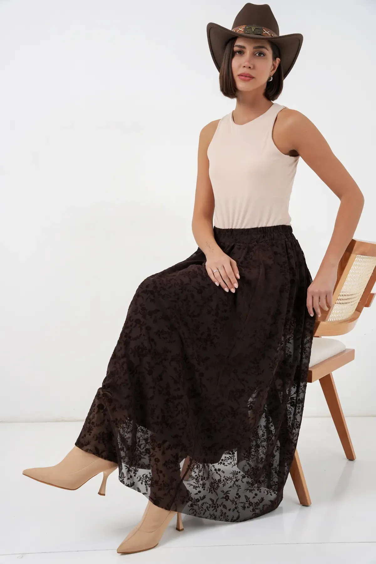 Kadın Flok Baskılı Astarlı Etek 8069 - Kahverengi