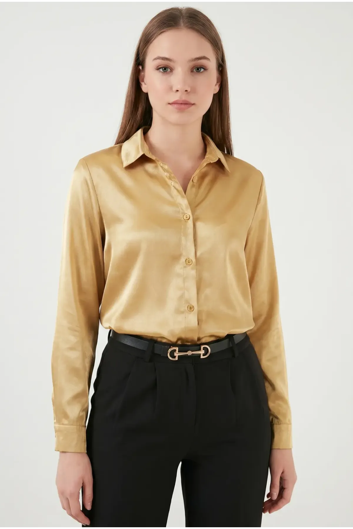 Kadın Gold Hafif Dökümlü Saten Yüzeyli Gömlek HZL22W-BD139641