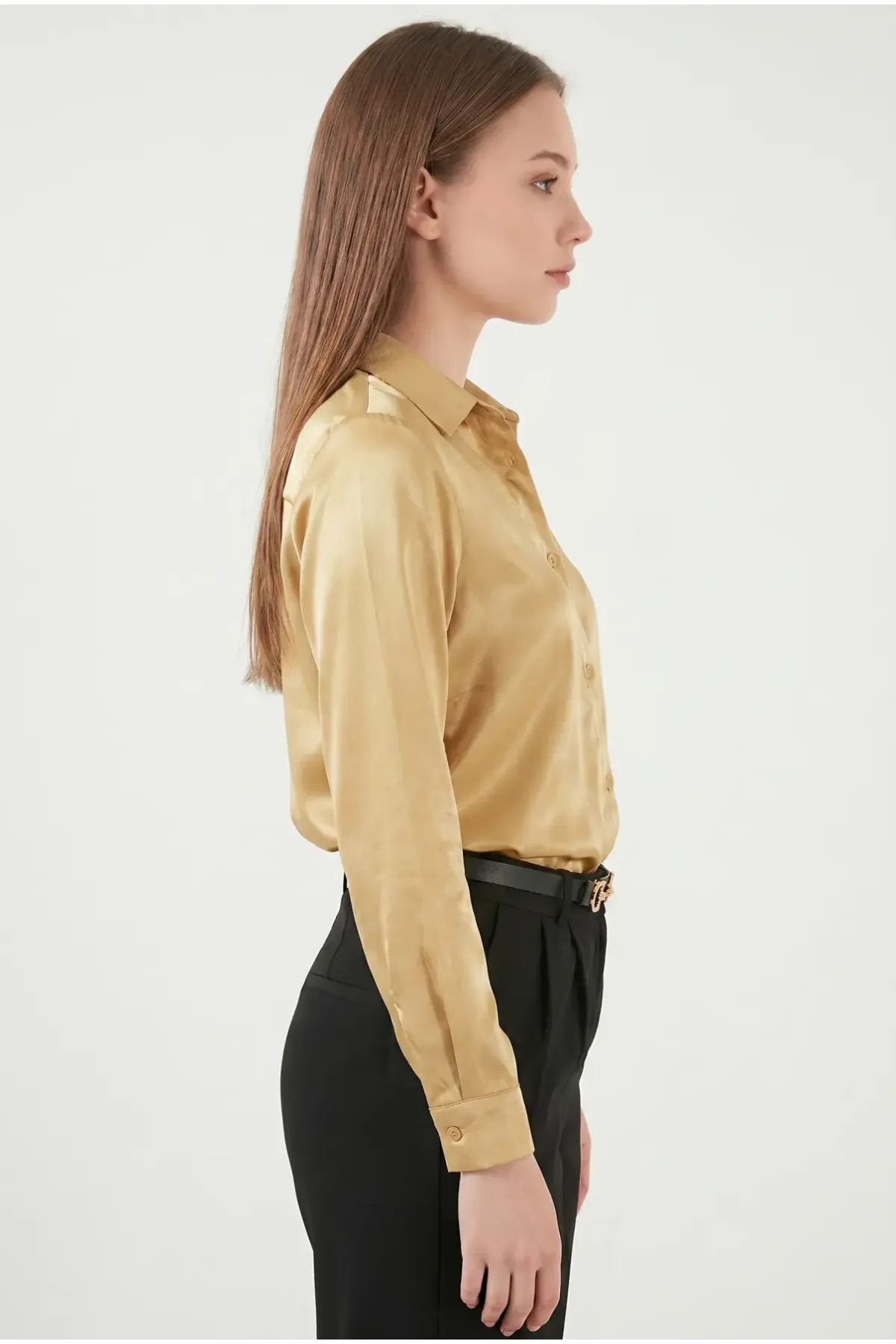 Kadın Gold Hafif Dökümlü Saten Yüzeyli Gömlek HZL22W-BD139641