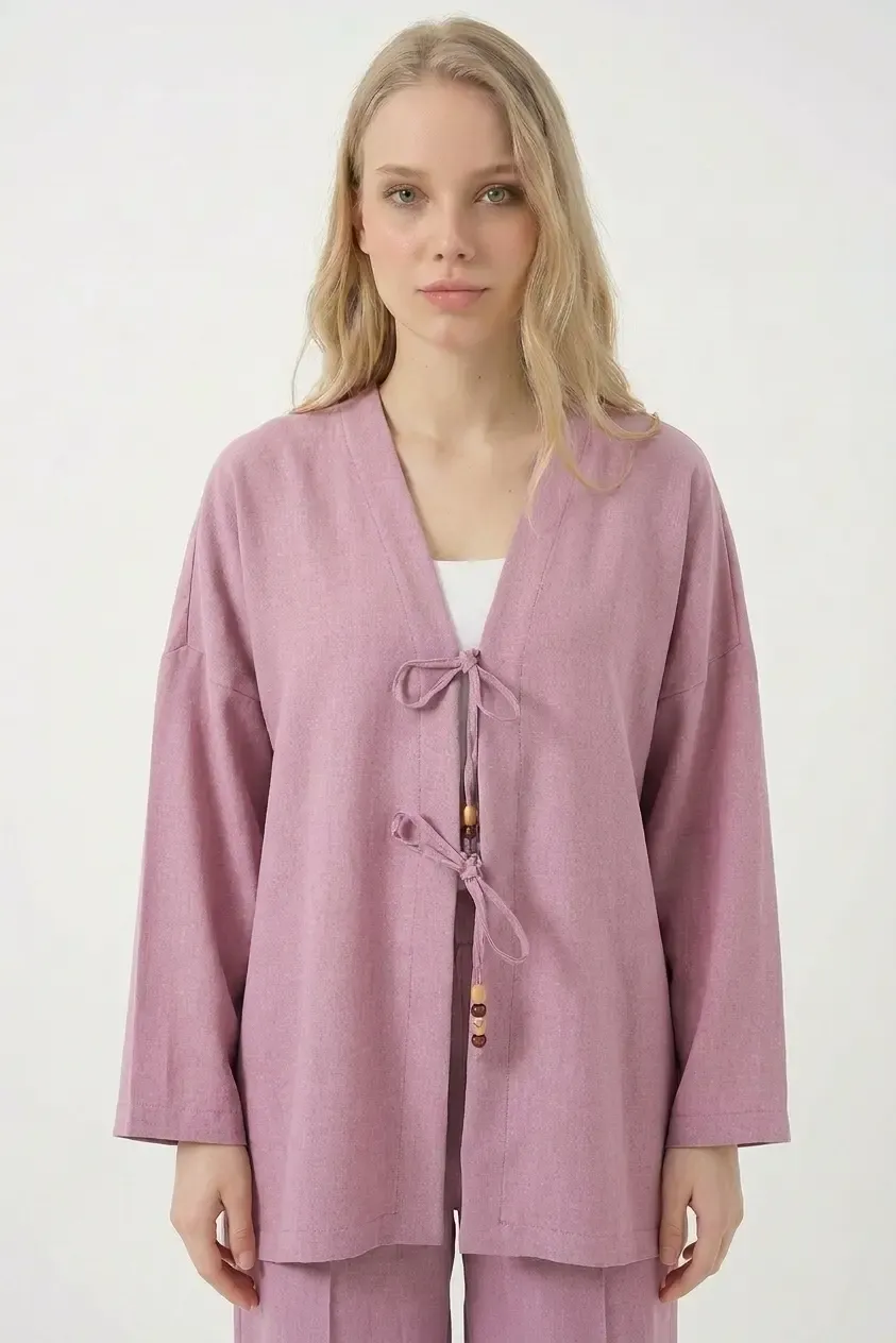 Kadın Gül Kurusu Keten Bağlama Detaylı Kimono Pantolon İkili Takım HZL26S-BD167271