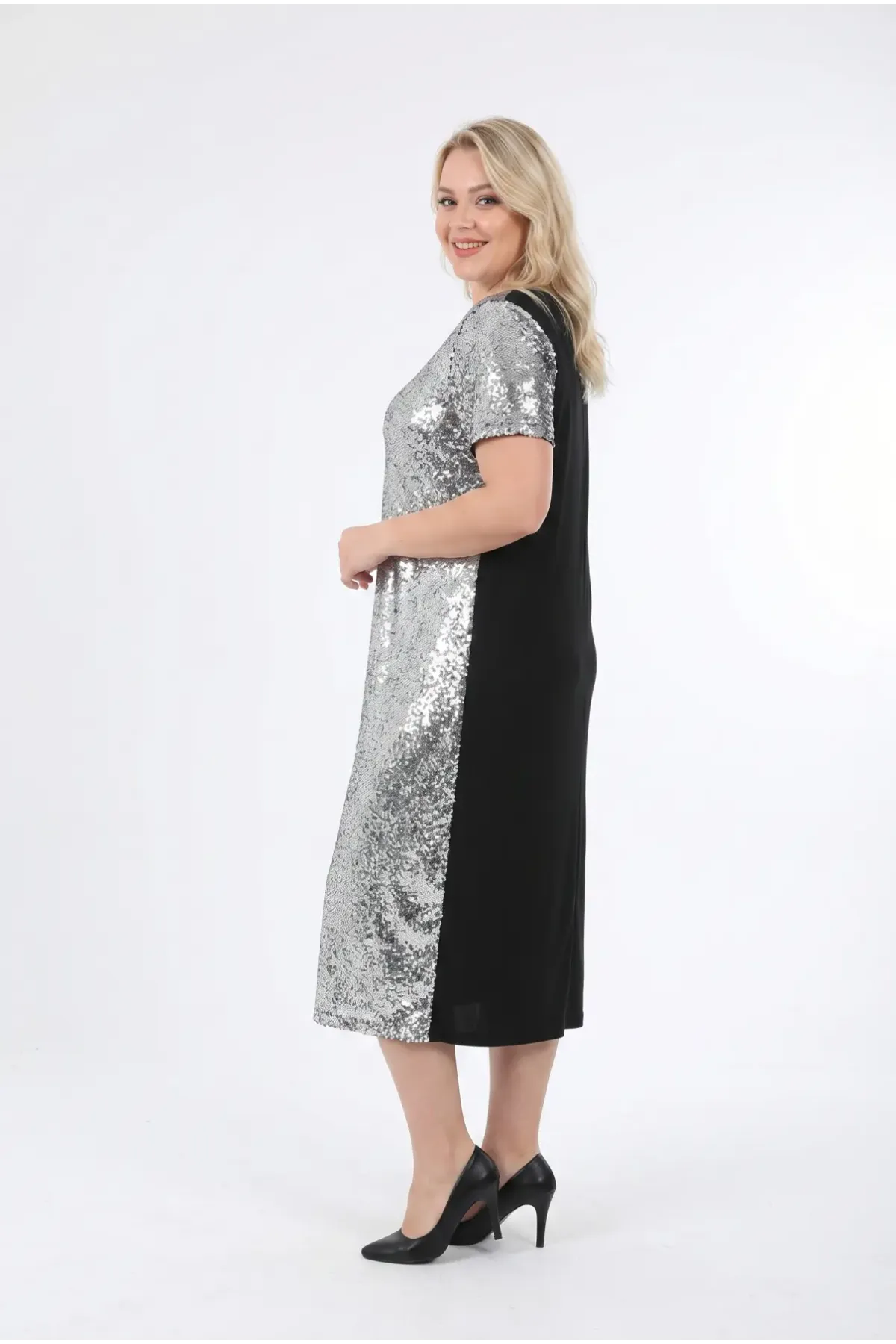 Kadın Gümüş Büyük Beden Payetli Uzun Abiye Elbise Şık Elbise HZL26S-PR11111