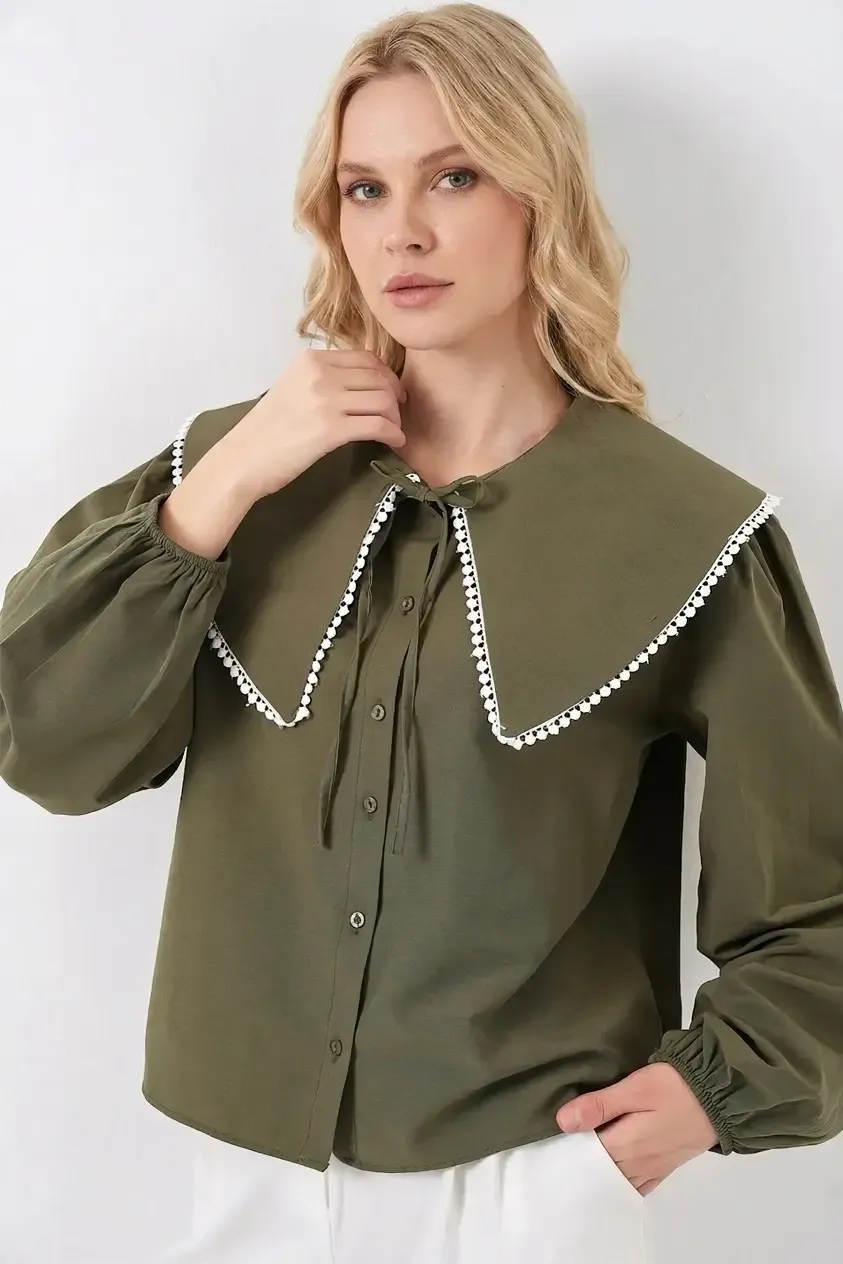 Kadın Haki Bebe Yaka Düğmeli Şık Günlük Gömlek HZL26S-BD1203141