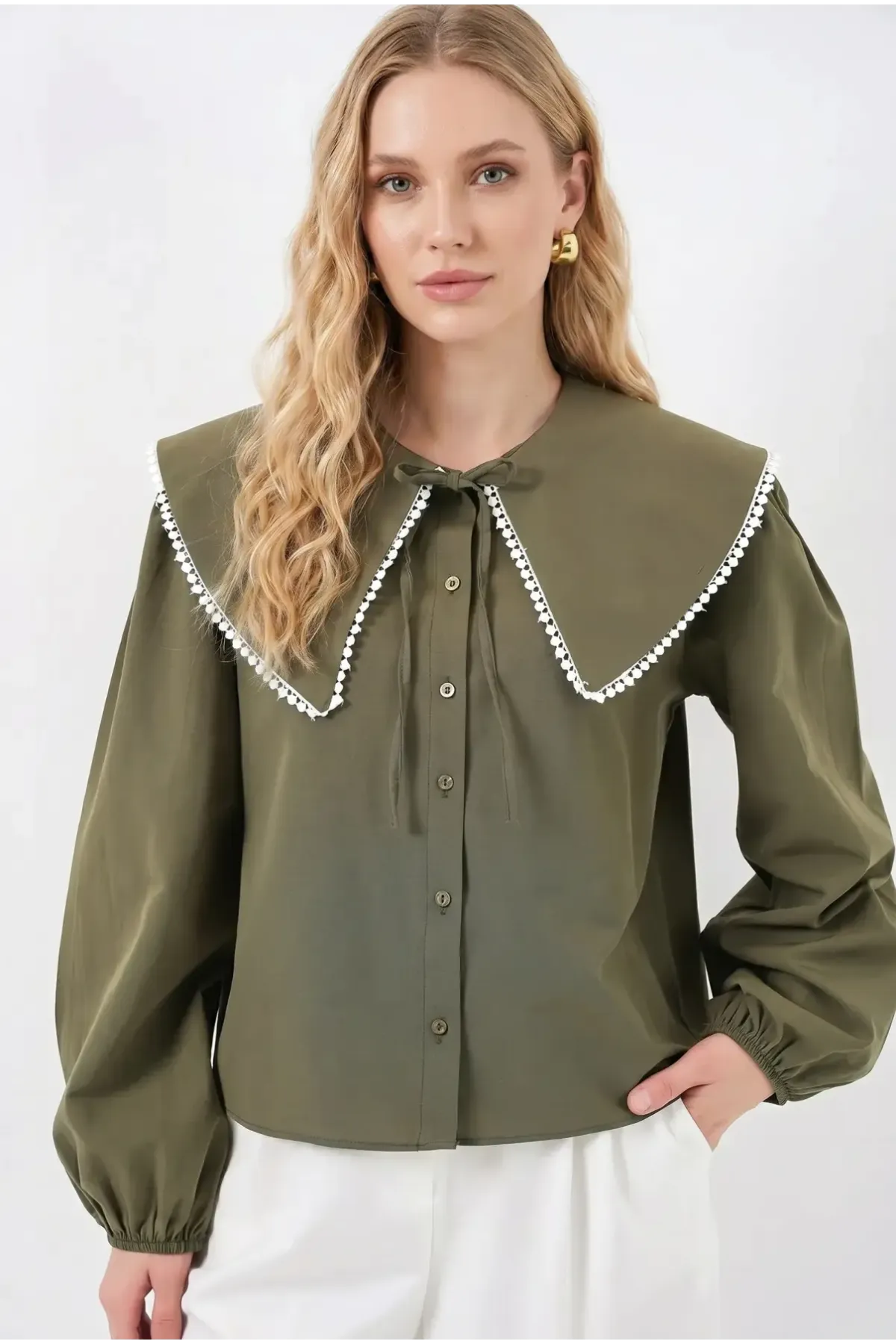 Kadın Haki Bebe Yaka Düğmeli Şık Günlük Gömlek HZL26S-BD1203141