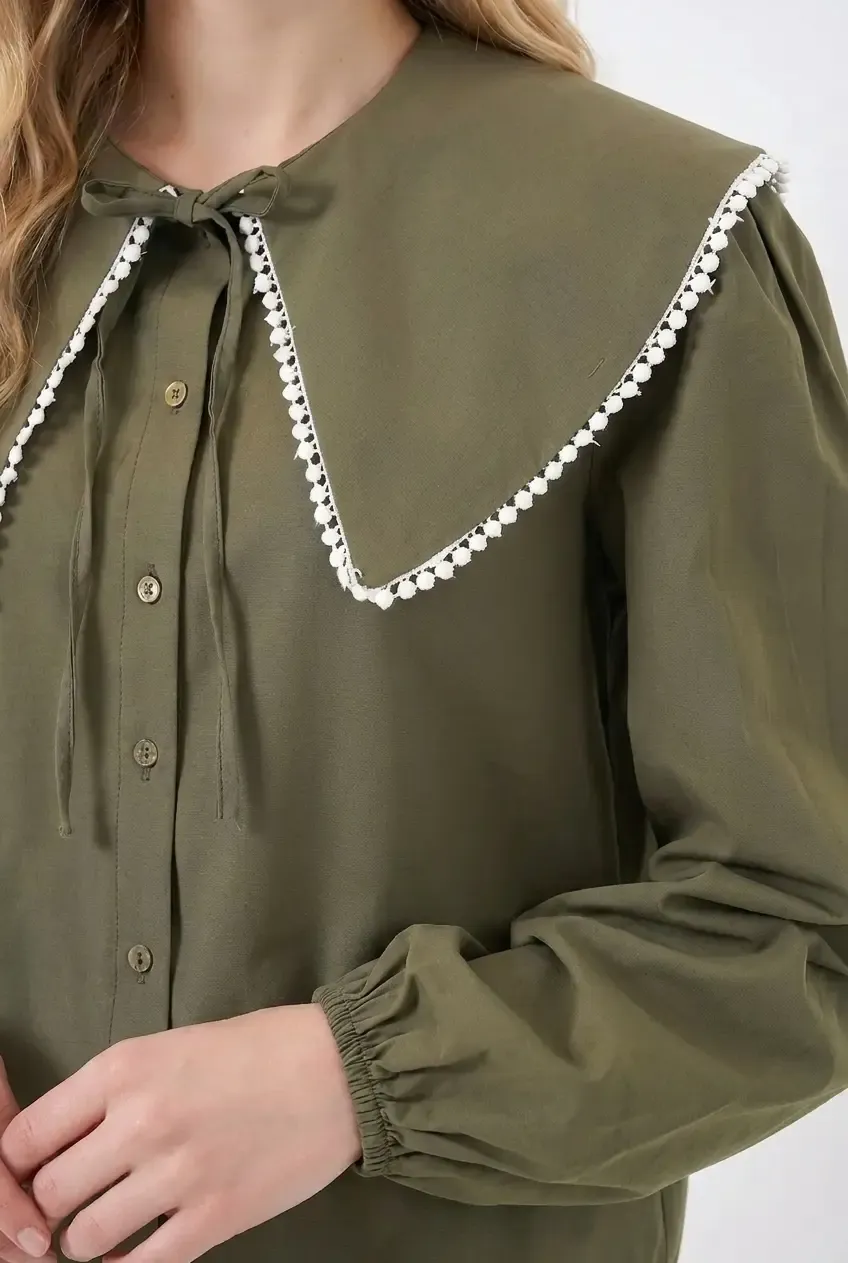 Kadın Haki Bebe Yaka Düğmeli Şık Günlük Gömlek HZL26S-BD1203141