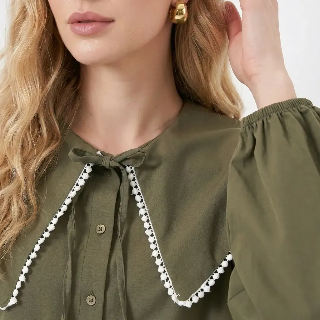 Kadın Haki Bebe Yaka Düğmeli Şık Günlük Gömlek HZL26S-BD1203141