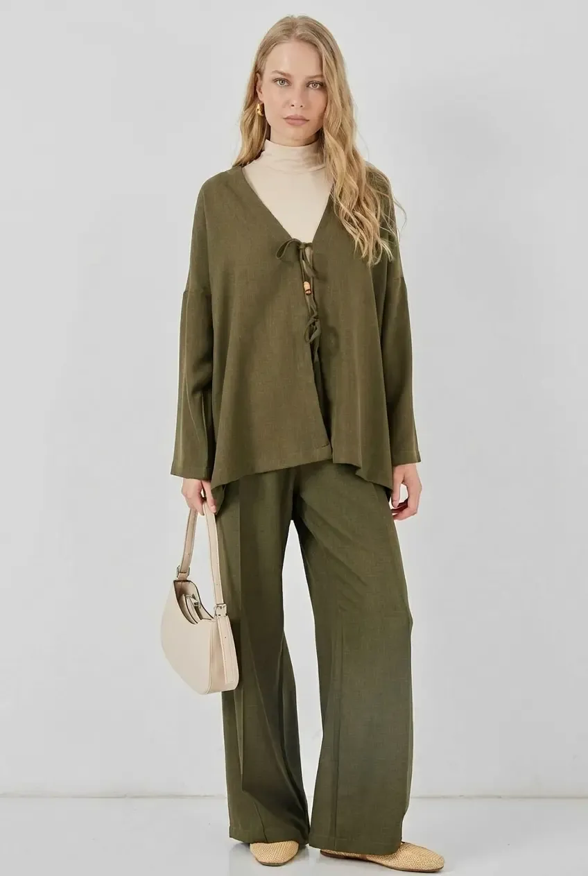 Kadın Haki Keten Bağlama Detaylı Kimono Pantolon İkili Takım HZL26S-BD167271