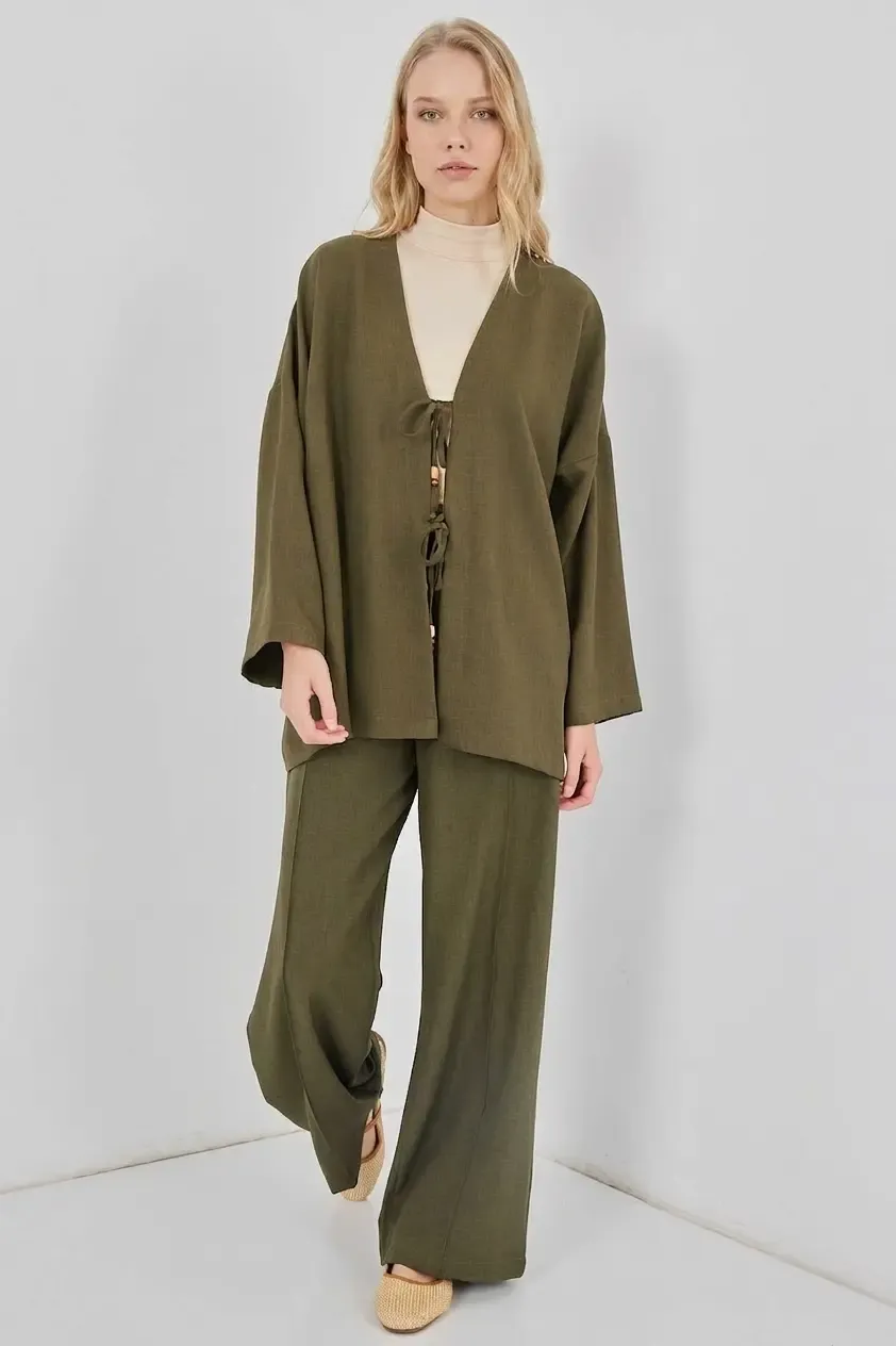 Kadın Haki Keten Bağlama Detaylı Kimono Pantolon İkili Takım HZL26S-BD167271