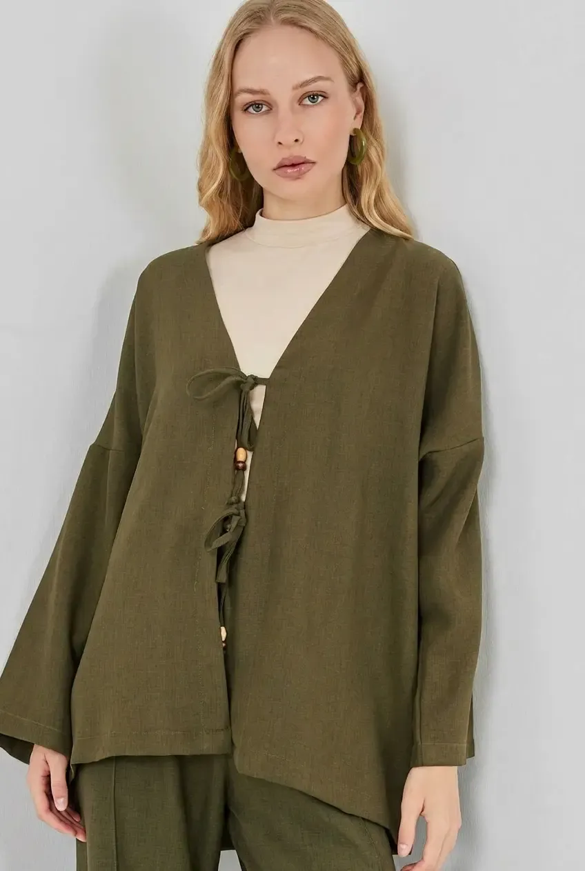 Kadın Haki Keten Bağlama Detaylı Kimono Pantolon İkili Takım HZL26S-BD167271