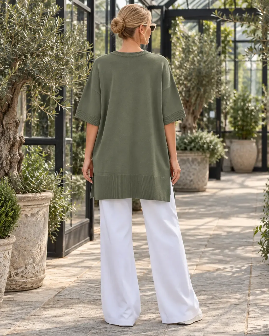 Kadın Haki Oversize Yandan Yırtmaçlı Uzun Yumuşak Dokulu Triko Kazak HZL28W-WM3390
