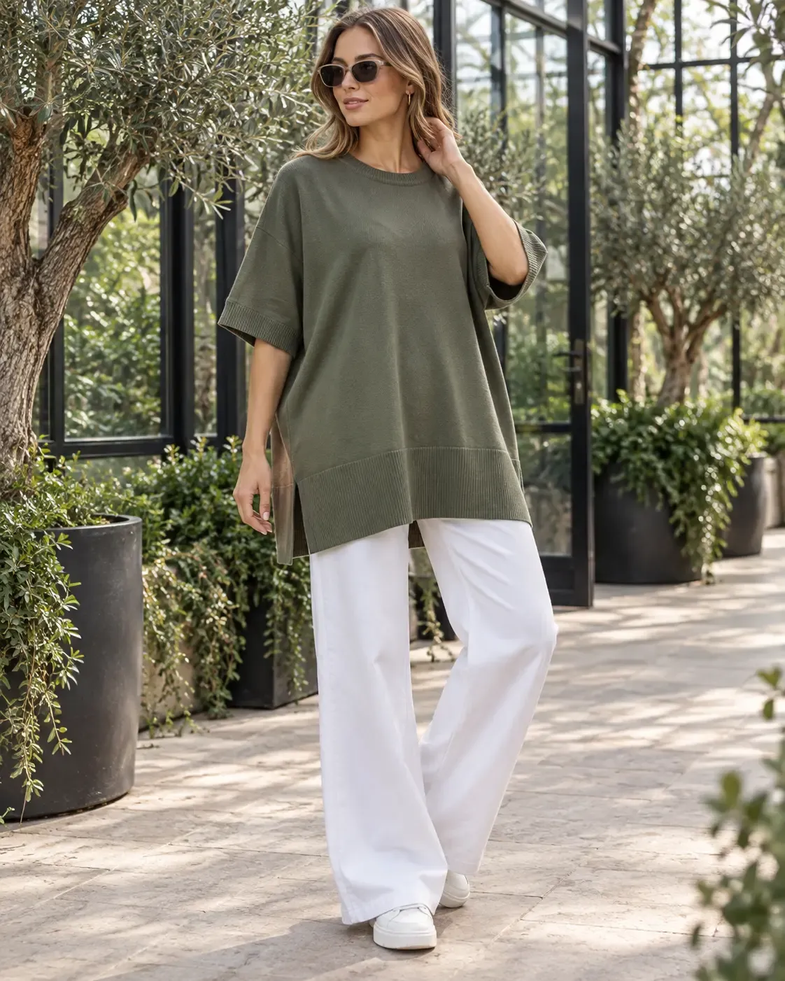Kadın Haki Oversize Yandan Yırtmaçlı Uzun Yumuşak Dokulu Triko Kazak HZL28W-WM3390