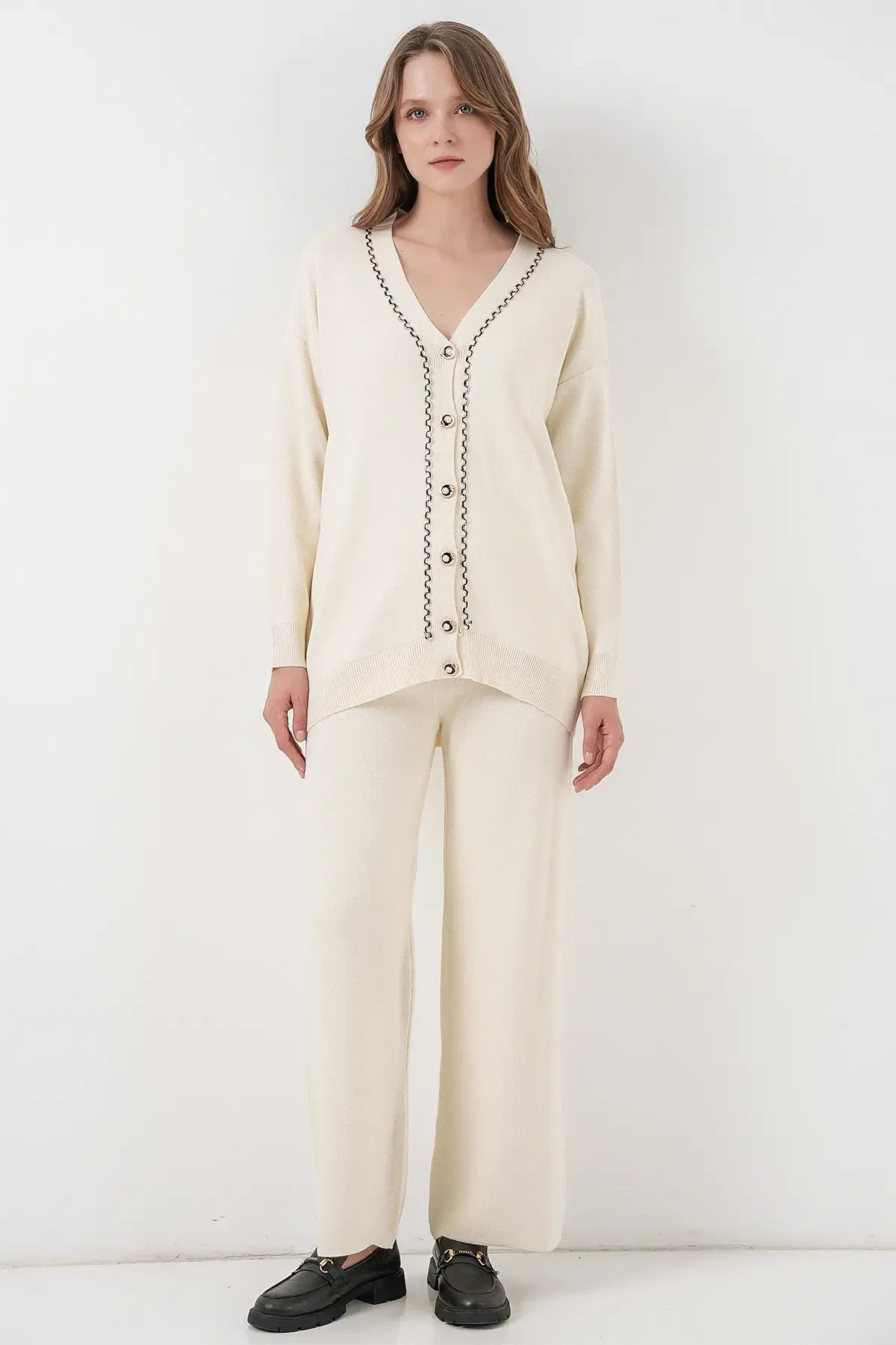 Kadın Hırka Pantolon Triko İkili Takım 15956 - Ekru