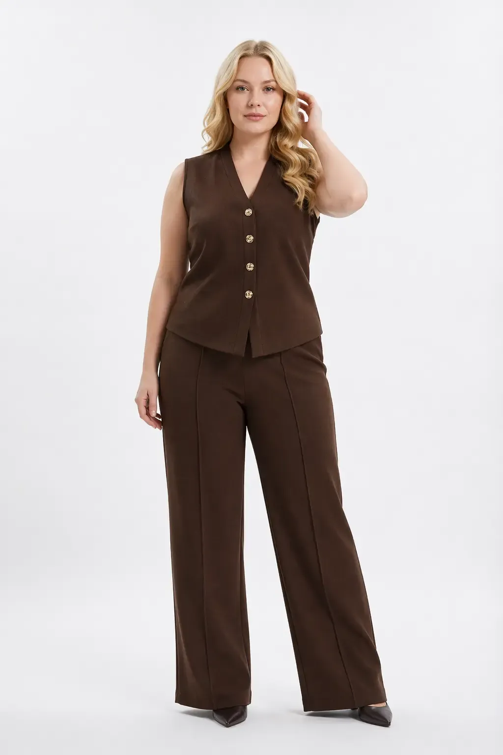 Kadın Kahverengi Büyük Beden V Yaka Yelek Pantolon İkili Takım HZL26S-PR12131
