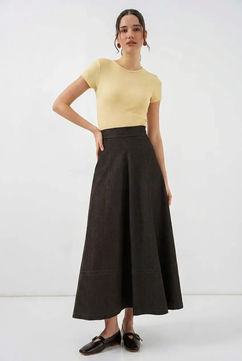 Kadın Kahverengi Yüksel Bel Uzun Jean Etek HZL26W-BD180661