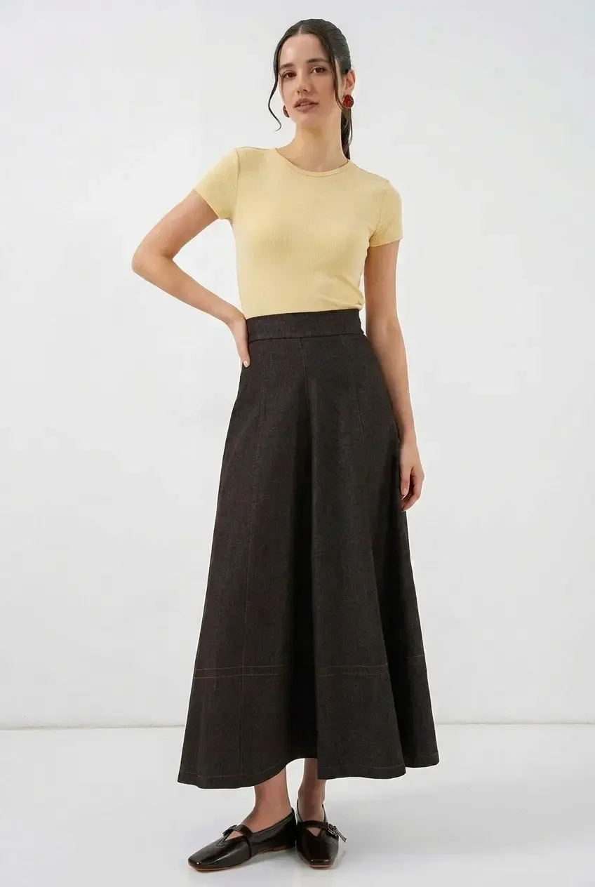 Kadın Kahverengi Yüksel Bel Uzun Jean Etek HZL26W-BD180661