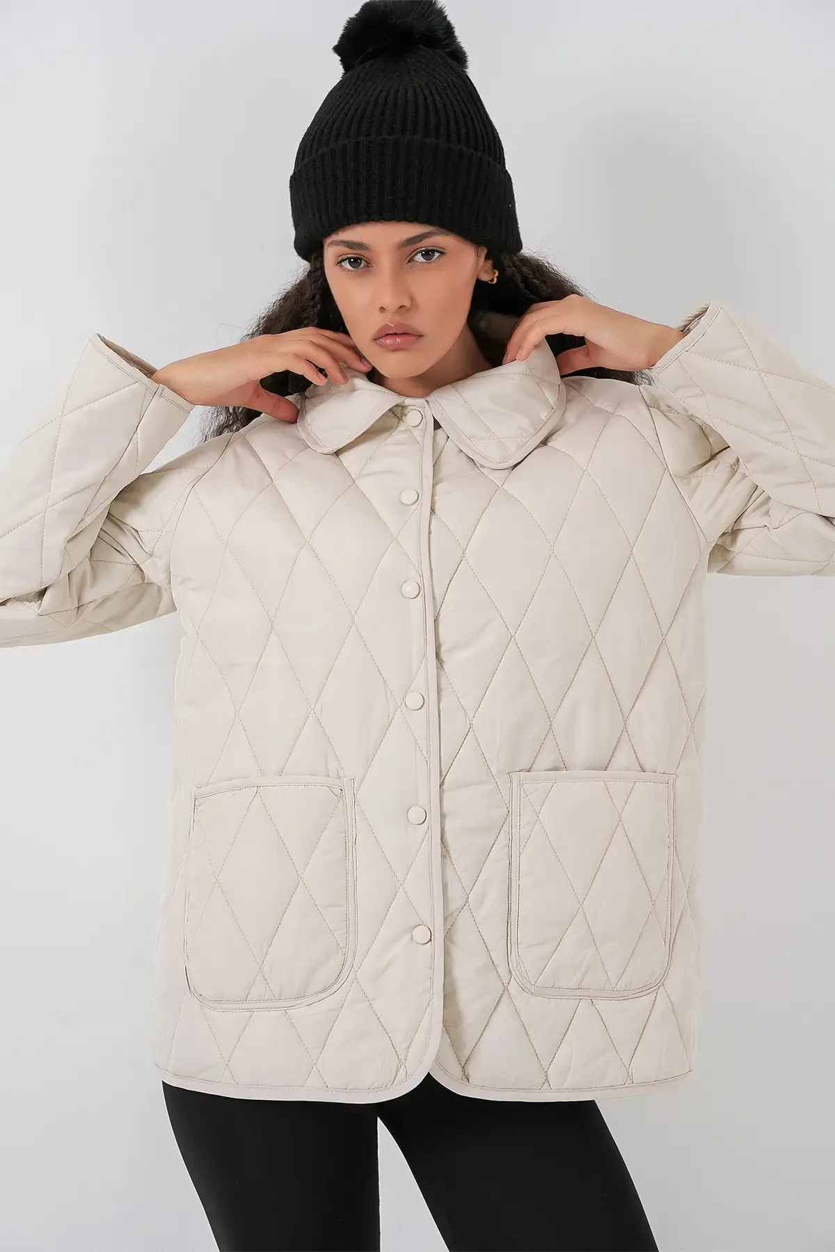 Kadın Kapitone Oversize Mont 5226 - Ekru