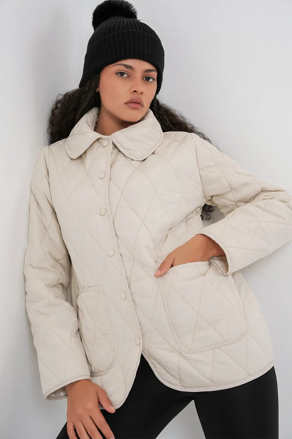Kadın Kapitone Oversize Mont 5226 - Ekru