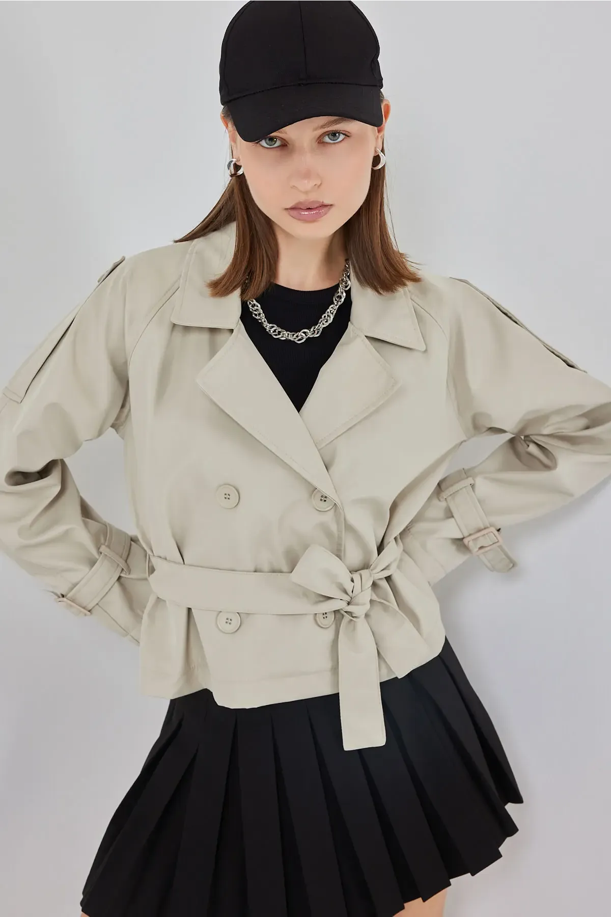 Kadın Kemerli Kısa Trençkot 5970 - Taş