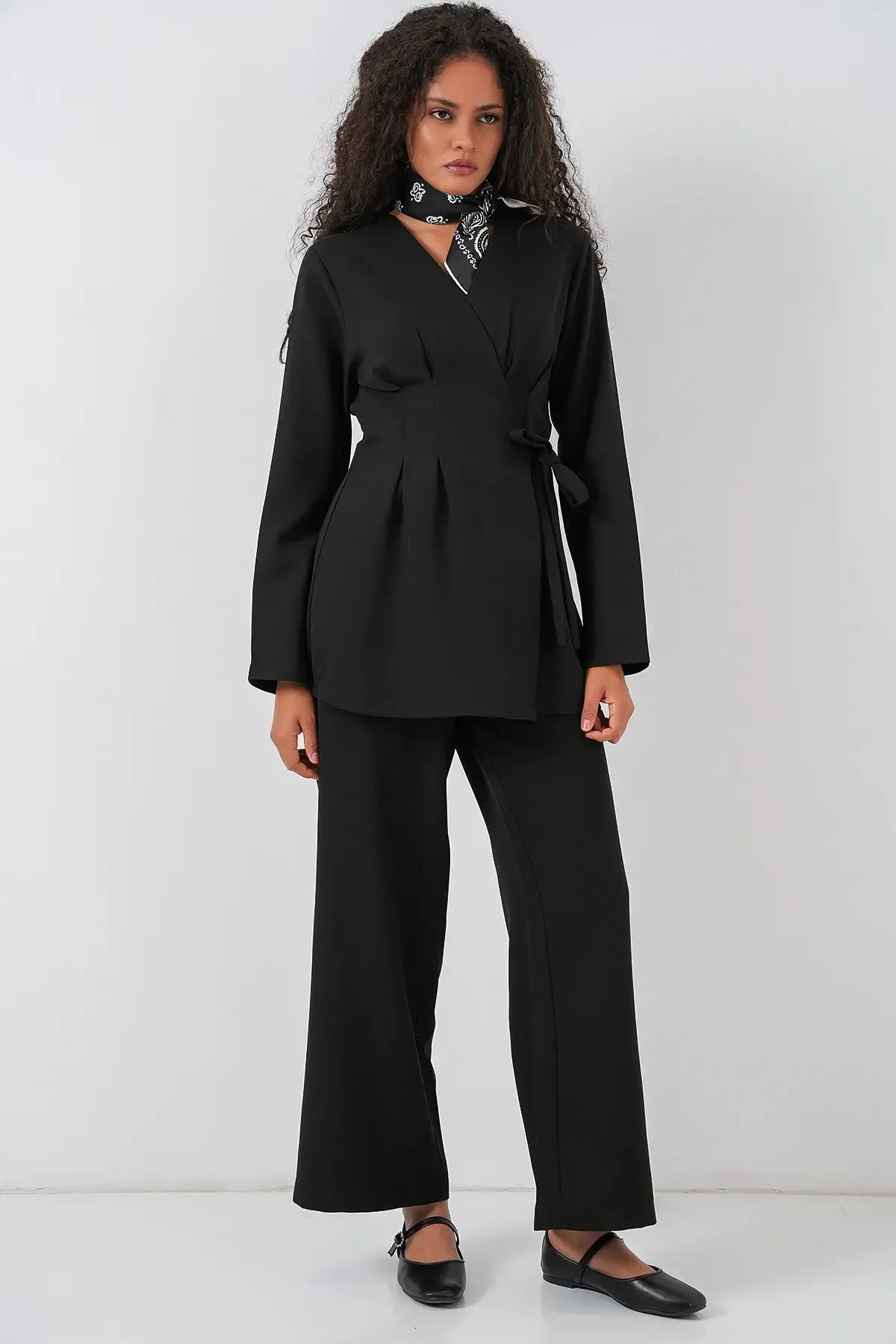 Kadın Kimono Pantolon Kumaş Takım 30054 - Siyah