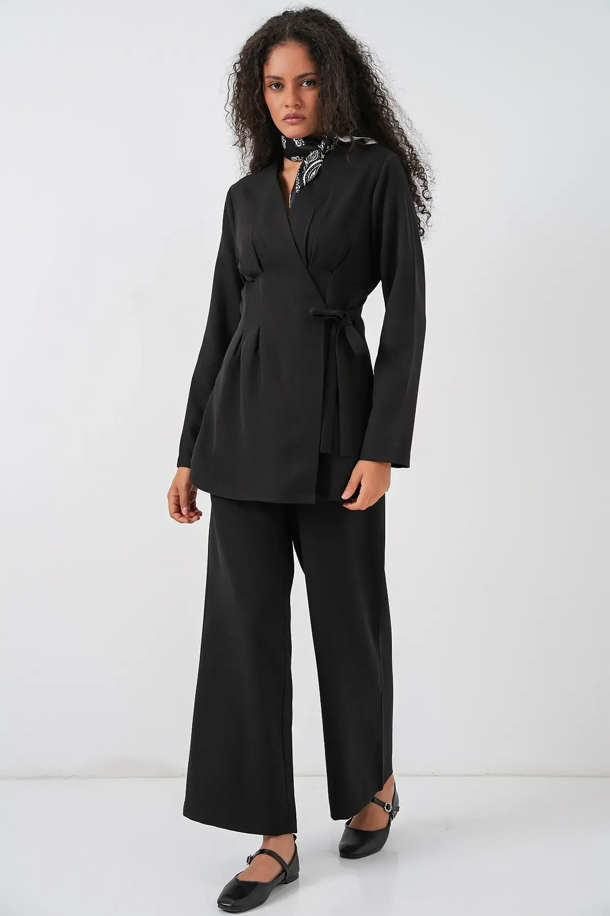 Kadın Kimono Pantolon Kumaş Takım 30054 - Siyah