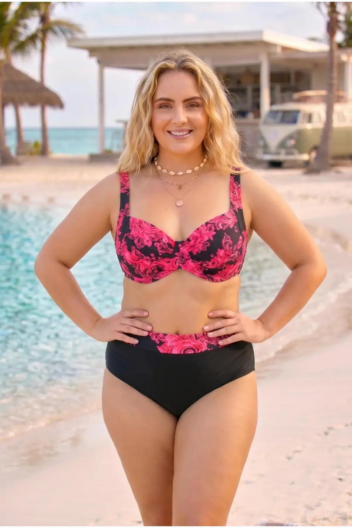Kadın Kırmızı Siyah Büyük Beden Barok Desenli Yüksel Bel Toparlayıcı Bikini Takımı HZL26S-LC6138-2