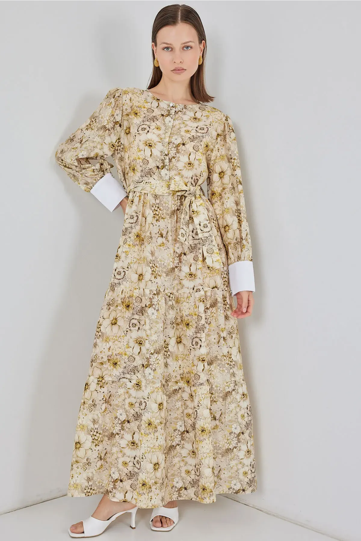 Kadın Kuşaklı Uzun Elbise 2584 - B.Sarı