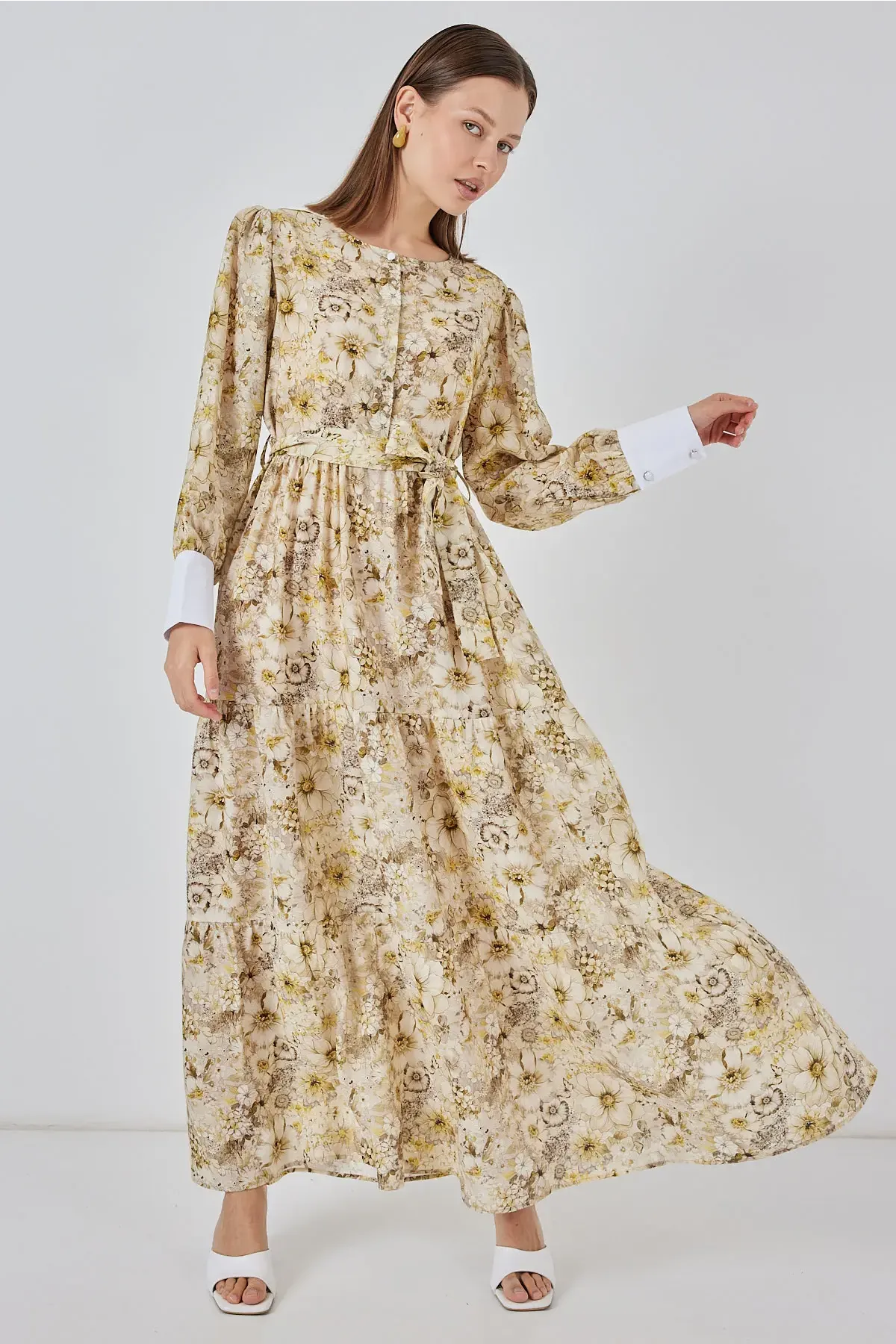 Kadın Kuşaklı Uzun Elbise 2584 - B.Sarı