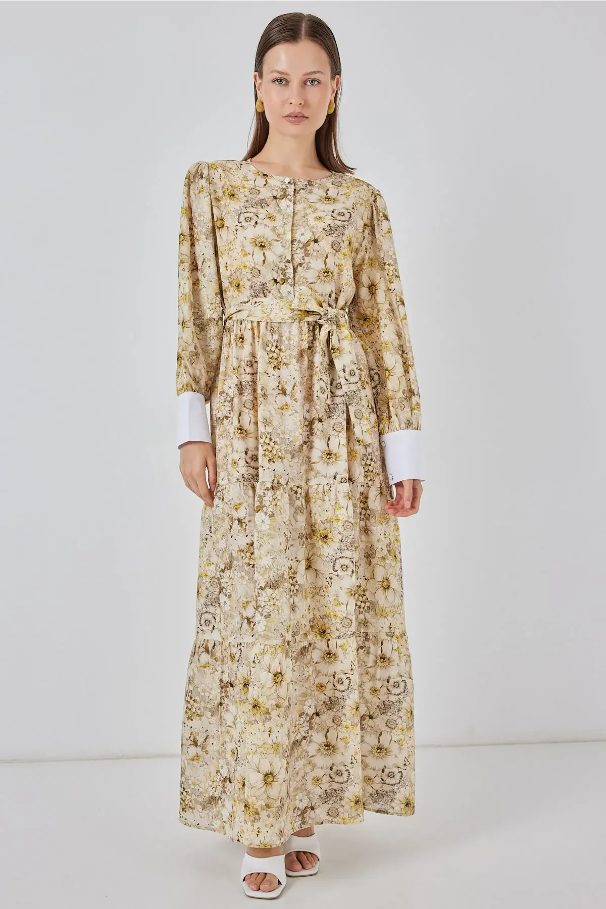 Kadın Kuşaklı Uzun Elbise 2584 - B.Sarı