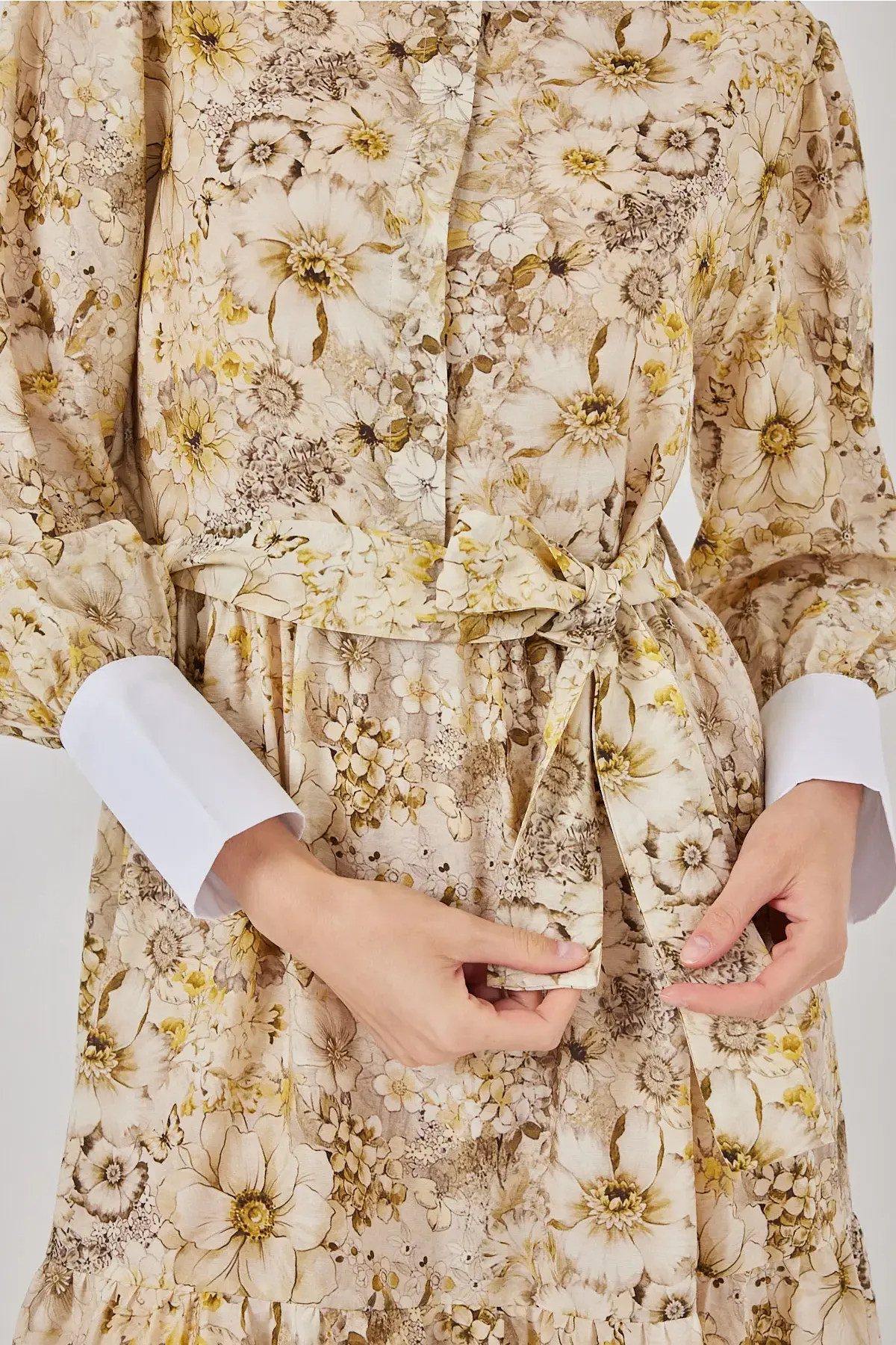 Kadın Kuşaklı Uzun Elbise 2584 - B.Sarı