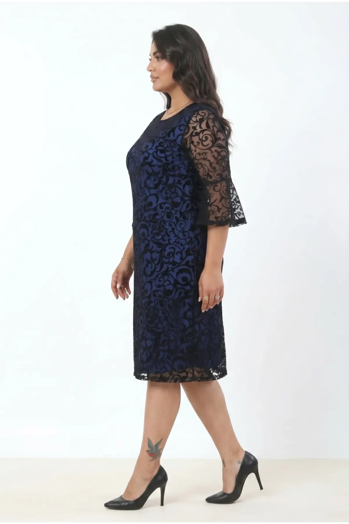 Kadın Lacivert Büyük Beden İspanyol Kol Astarlı Transparan Dantel Şık Abiye Elbise HZL26S-PR11151