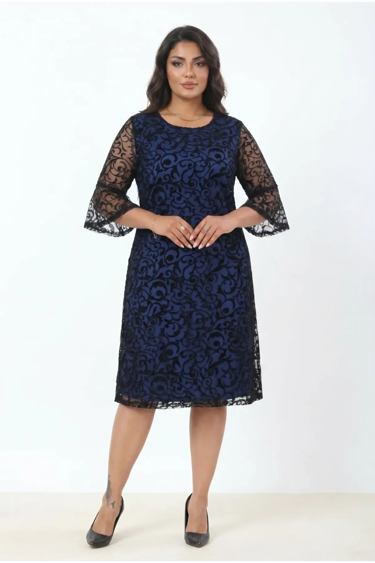 Kadın Lacivert Büyük Beden İspanyol Kol Astarlı Transparan Dantel Şık Abiye Elbise HZL26S-PR11151