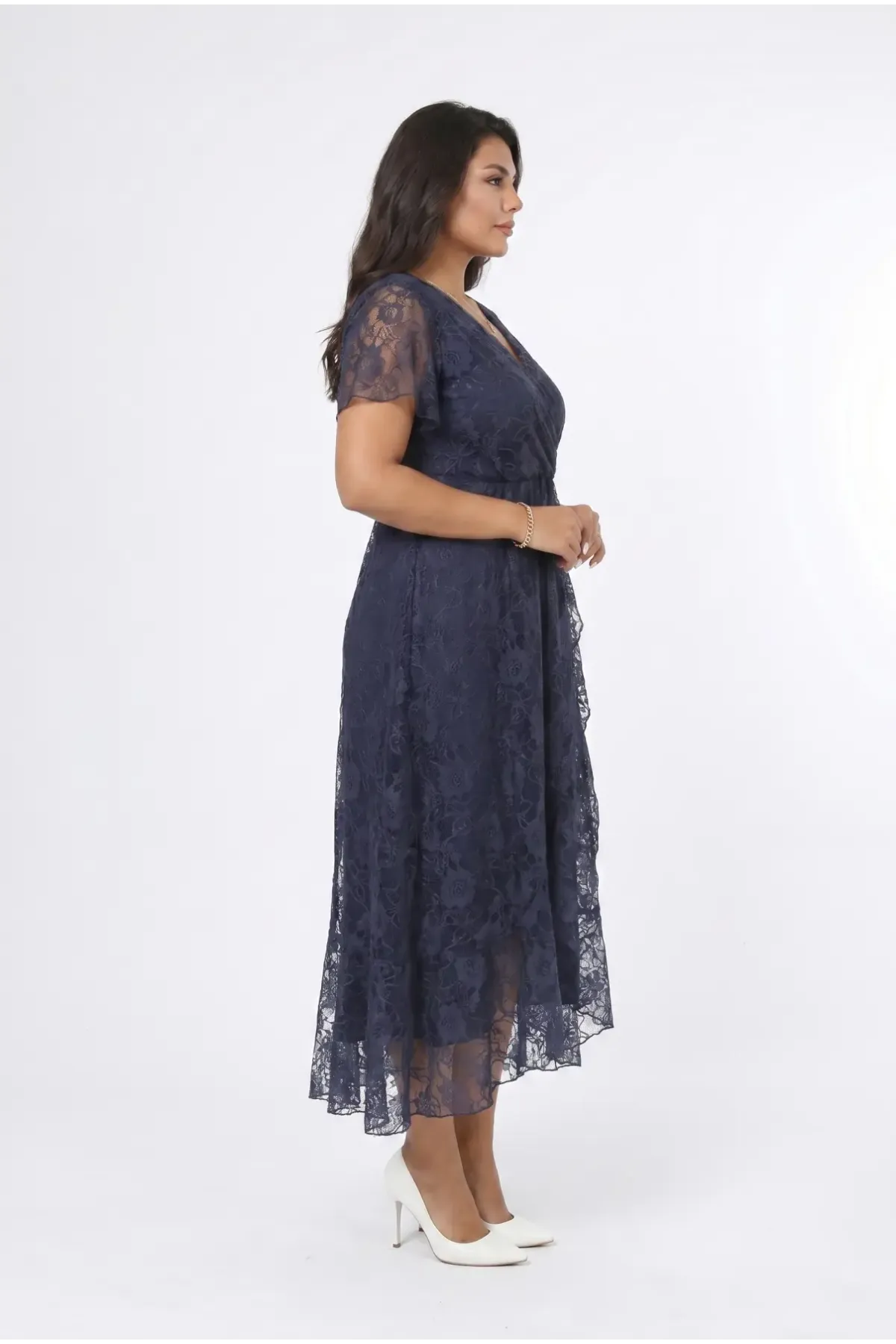 Kadın Lacivert Büyük Beden V Yaka Astarlı Dantel Detaylı Şık Abiye Elbise HZL26S-PR11071