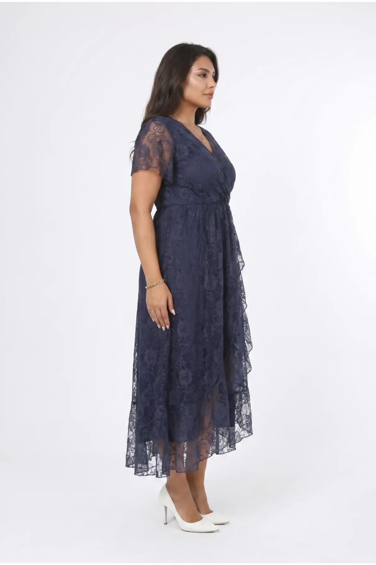 Kadın Lacivert Büyük Beden V Yaka Astarlı Dantel Detaylı Şık Abiye Elbise HZL26S-PR11071