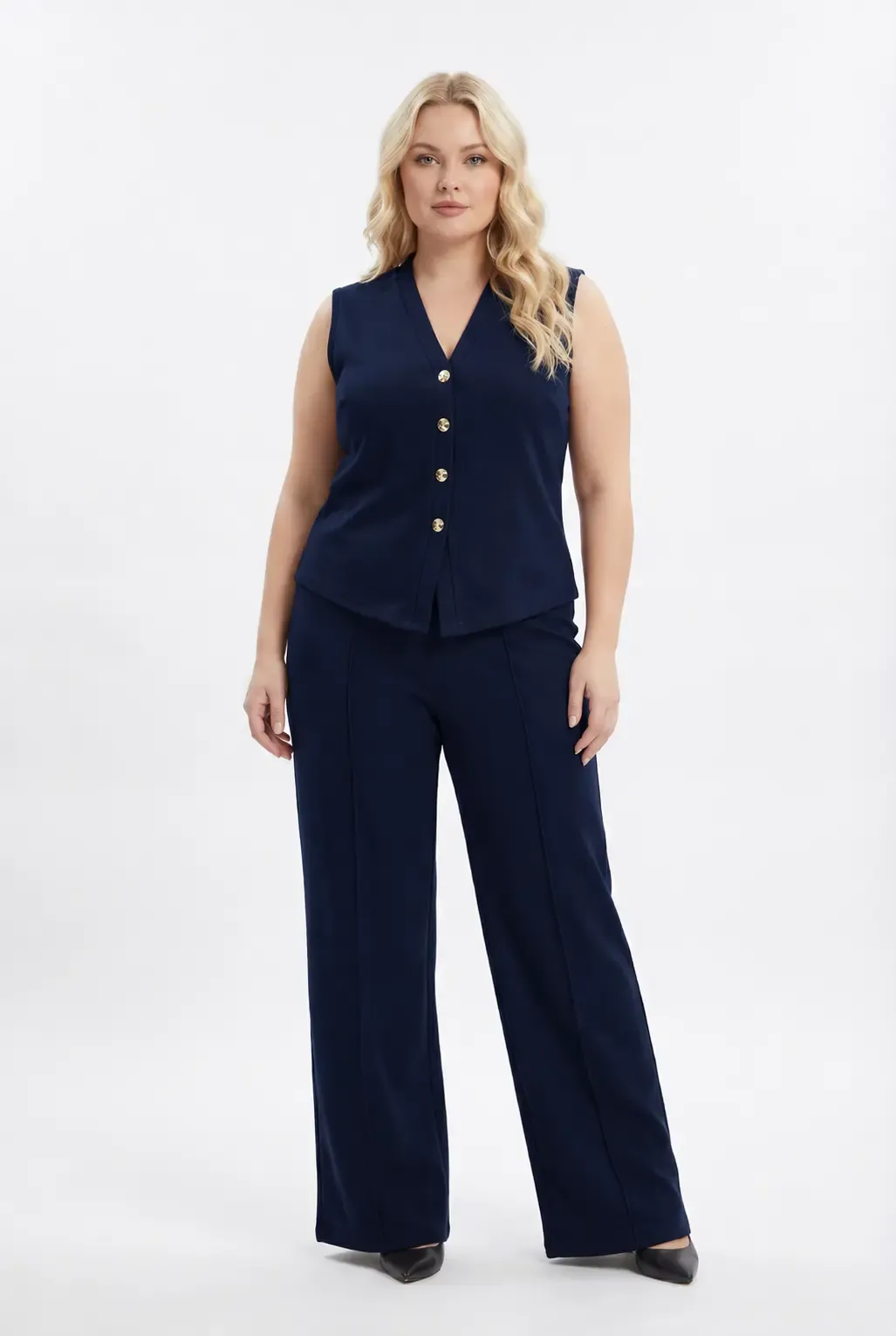 Kadın Lacivert Büyük Beden V Yaka Yelek Pantolon İkili Takım HZL26S-PR12131