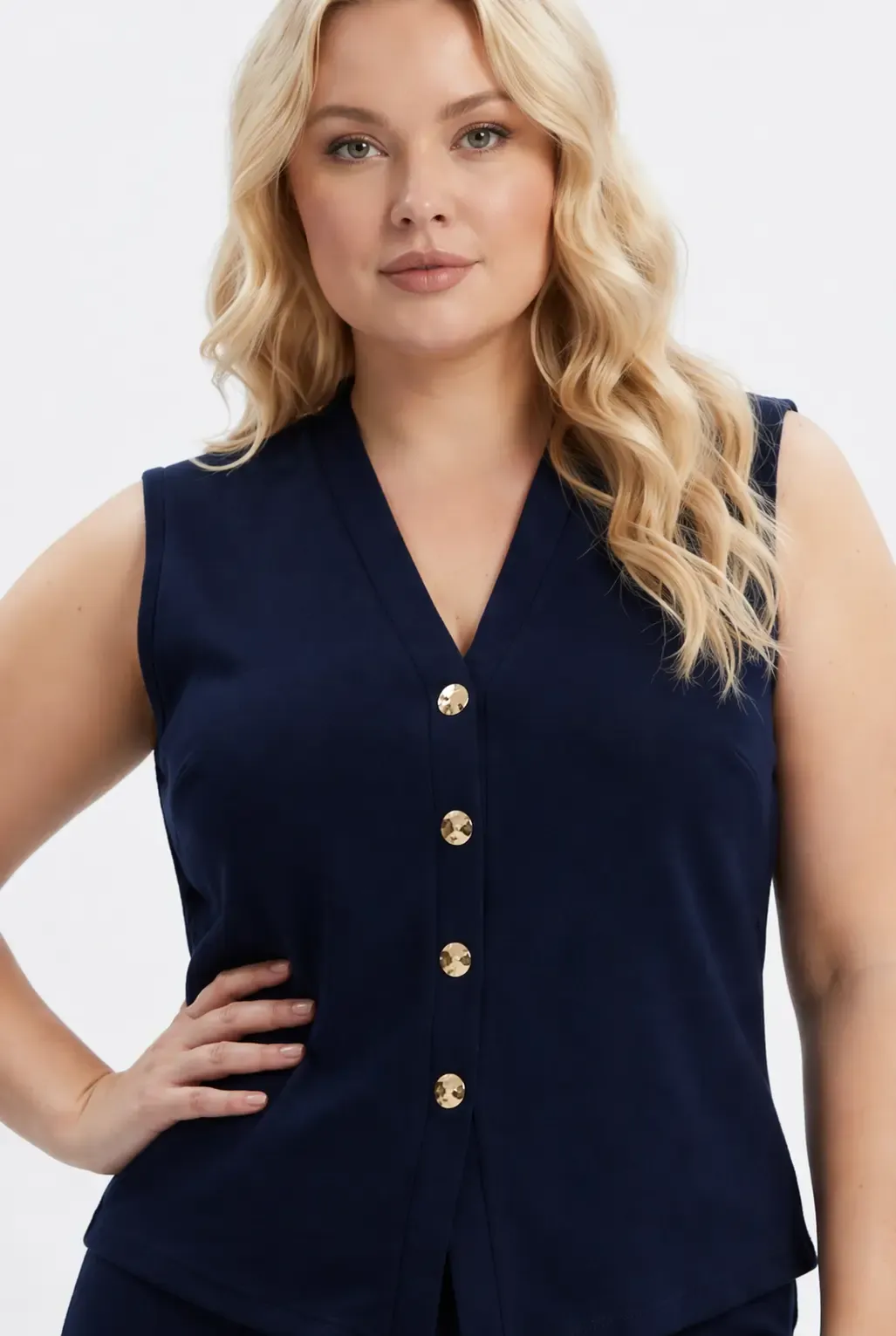 Kadın Lacivert Büyük Beden V Yaka Yelek Pantolon İkili Takım HZL26S-PR12131